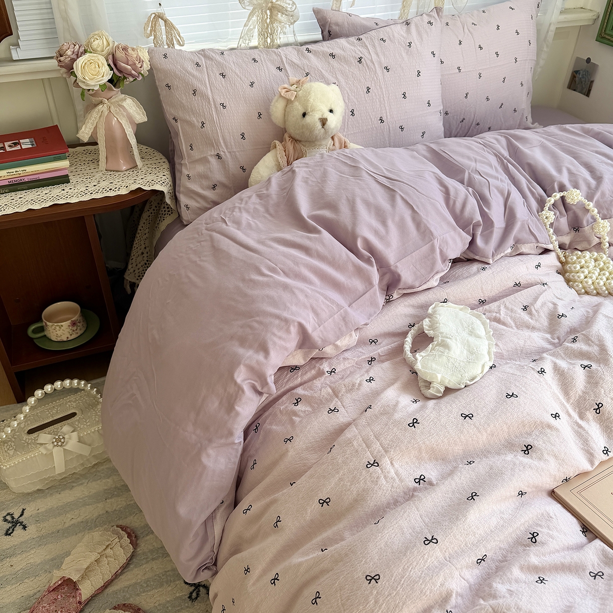 91家纺网 家纺一手货源 找家纺 原素 2026新春ins博主风双拼小碎花花卉水洗棉纱四件套 芋泥蝴蝶结