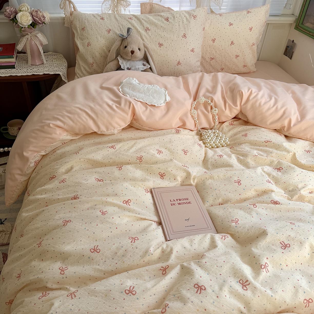 原素 2026新春ins博主风双拼小碎花花卉水洗棉纱四件套 少女蝴蝶结