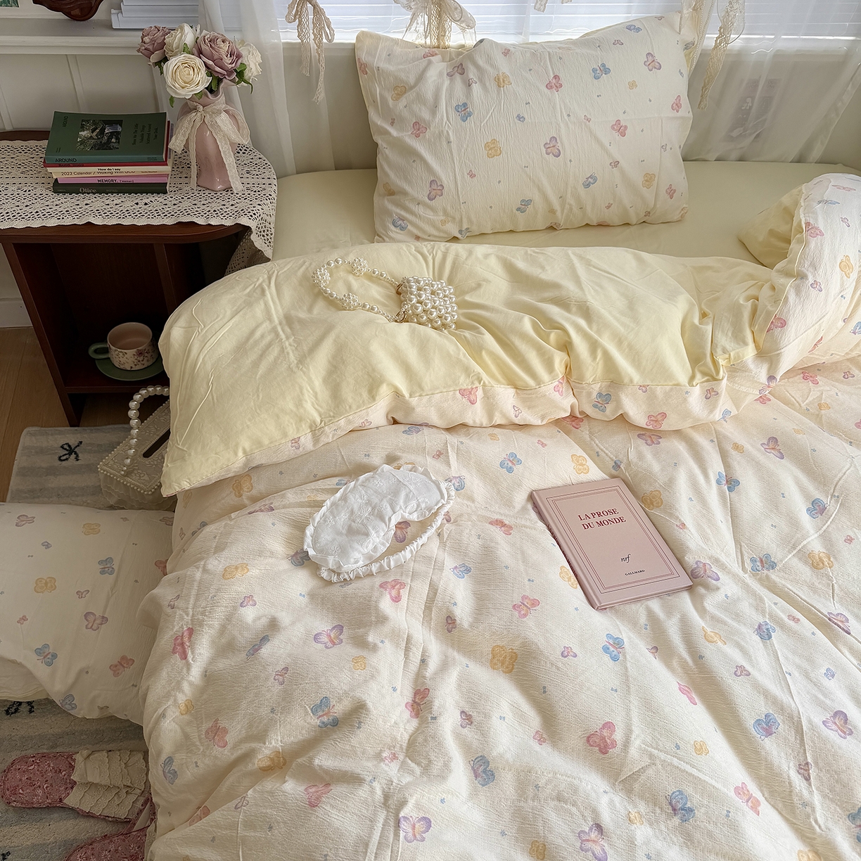 91家纺网 家纺一手货源 找家纺 原素 2026新春ins博主风双拼小碎花花卉水洗棉纱四件套 七彩蝴蝶