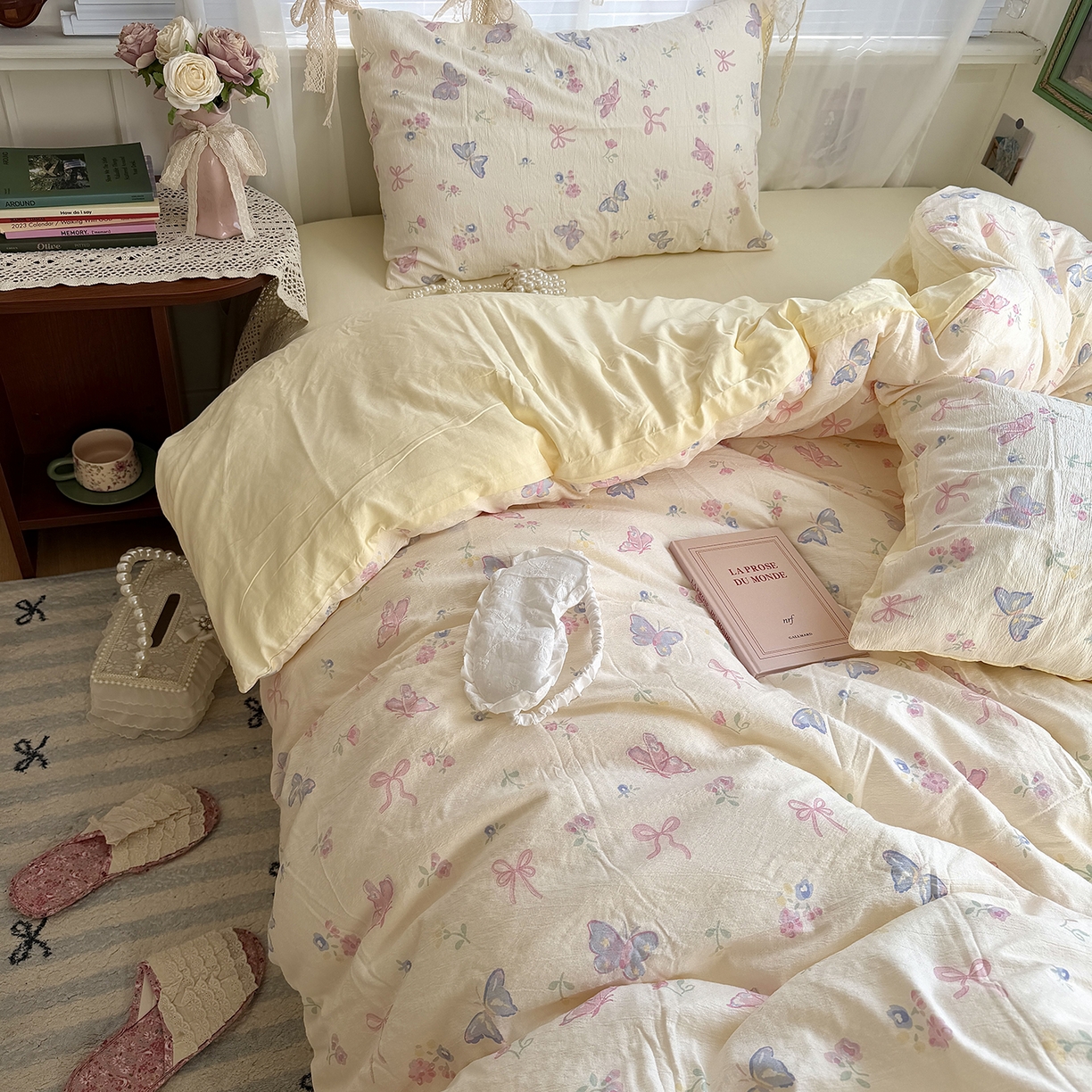 91家纺网 家纺一手货源 找家纺 原素 2026新春ins博主风双拼小碎花花卉水洗棉纱四件套 琉璃蝴蝶