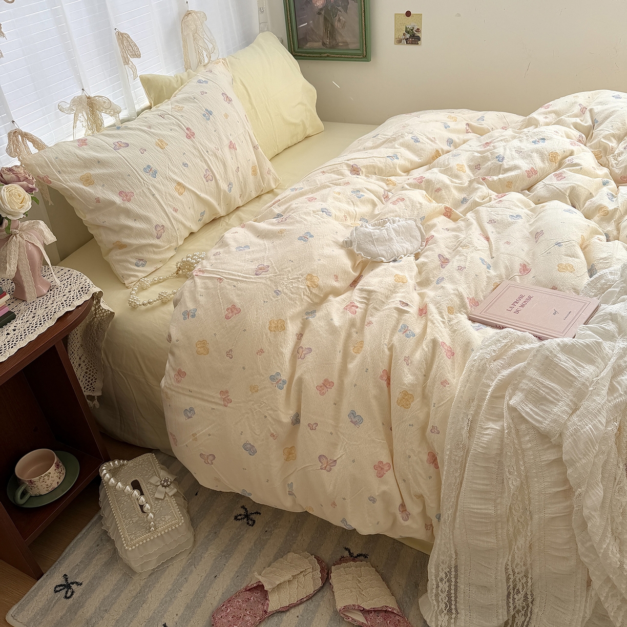 91家纺网 家纺一手货源 找家纺 原素 2026新春ins博主风双拼小碎花花卉水洗棉纱四件套 七彩蝴蝶