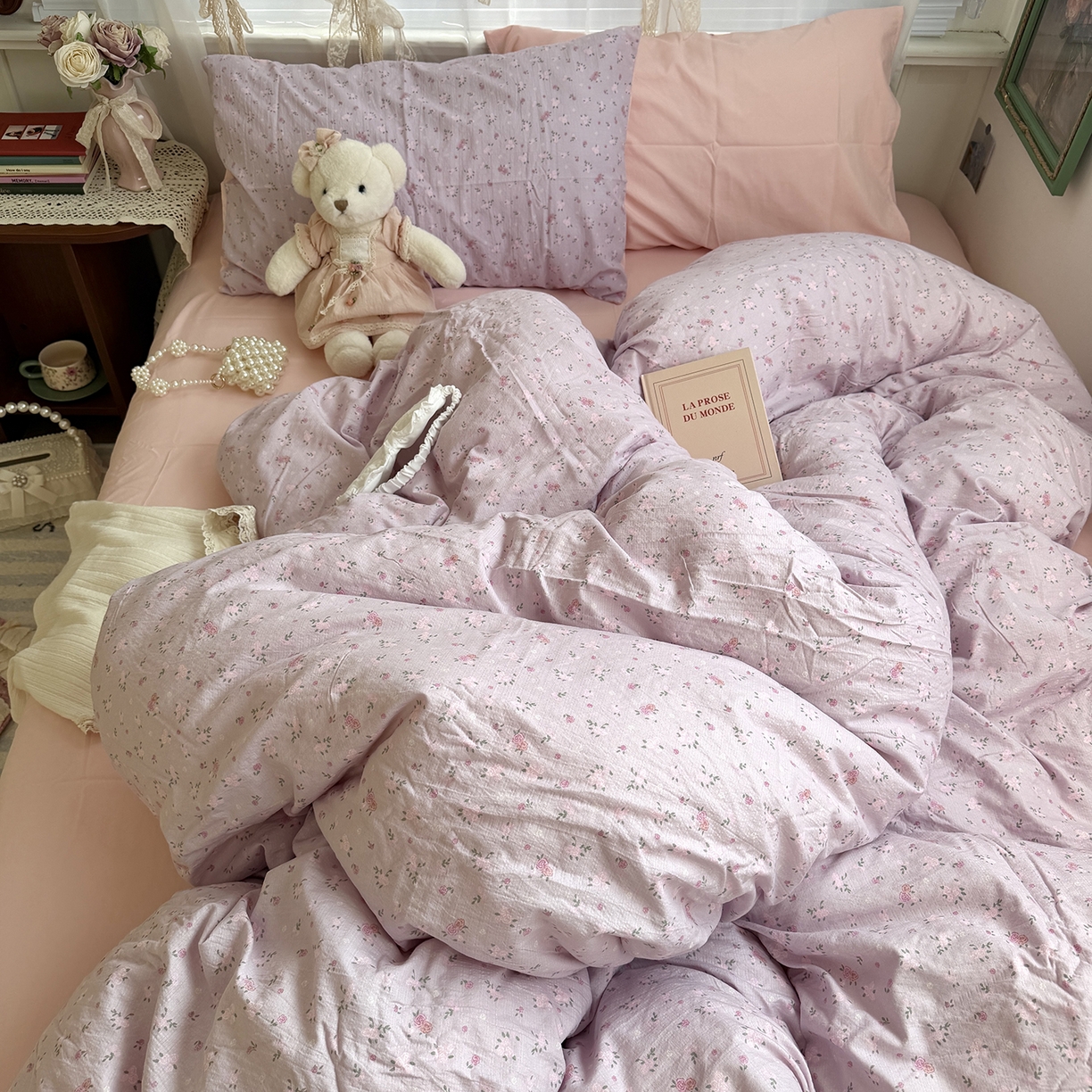 91家纺网 家纺一手货源 找家纺 原素 2026新春ins博主风双拼小碎花花卉水洗棉纱四件套 紫妍