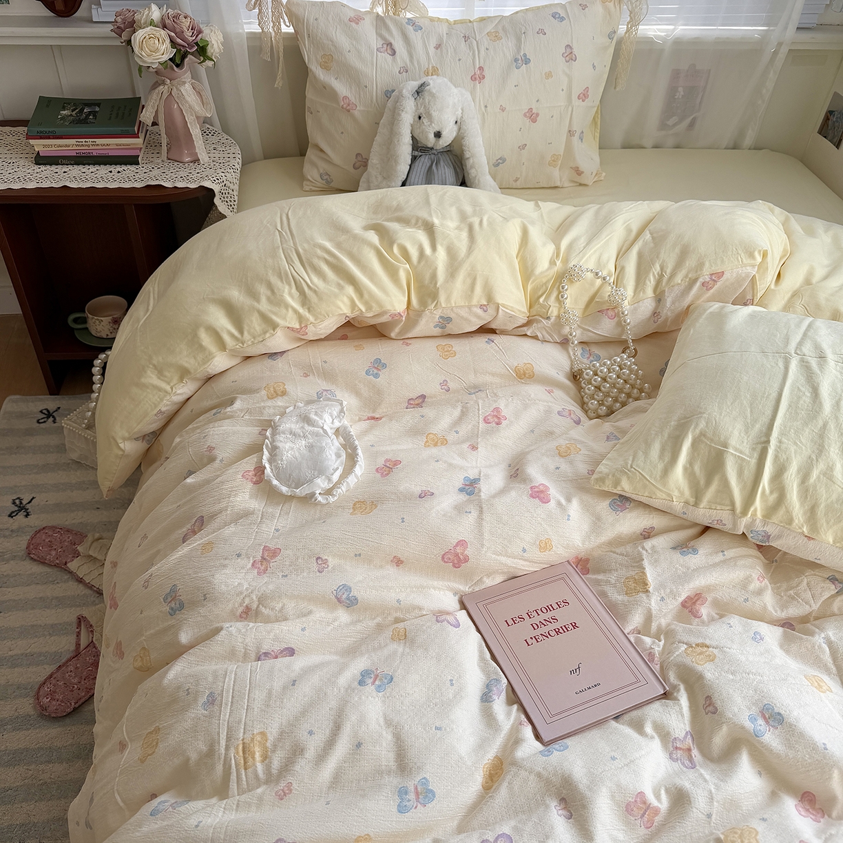 91家纺网 家纺一手货源 找家纺 原素 2026新春ins博主风双拼小碎花花卉水洗棉纱四件套 七彩蝴蝶