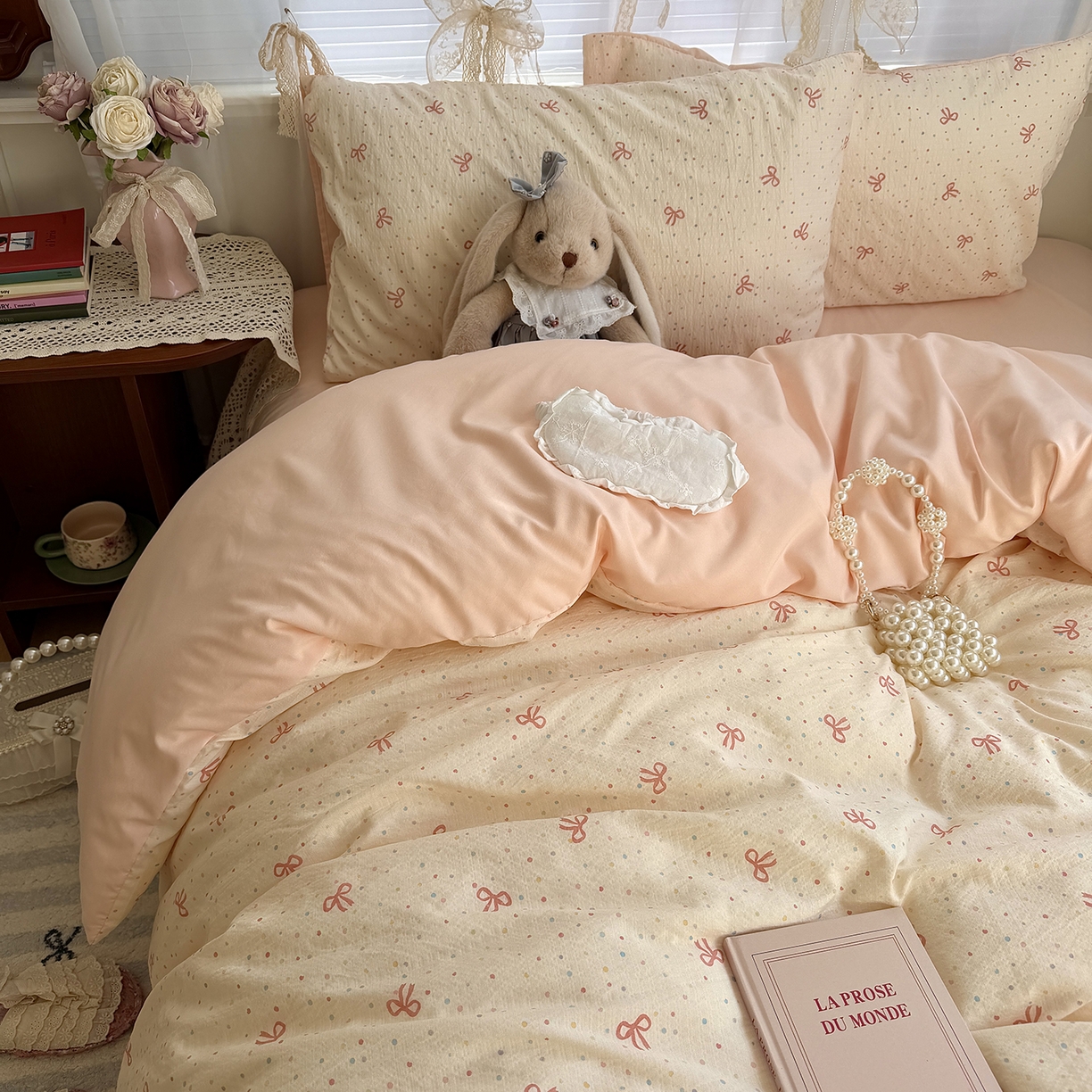 91家纺网 家纺一手货源 找家纺 原素 2026新春ins博主风双拼小碎花花卉水洗棉纱四件套 少女蝴蝶结