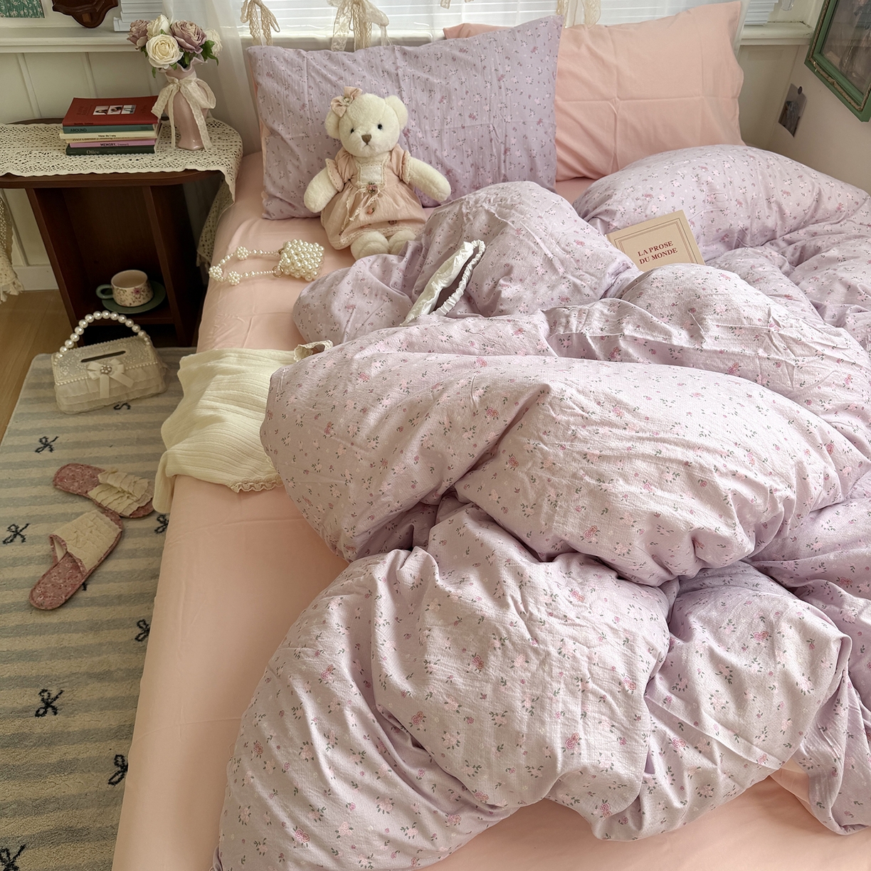 91家纺网 家纺一手货源 找家纺 原素 2026新春ins博主风双拼小碎花花卉水洗棉纱四件套 紫妍