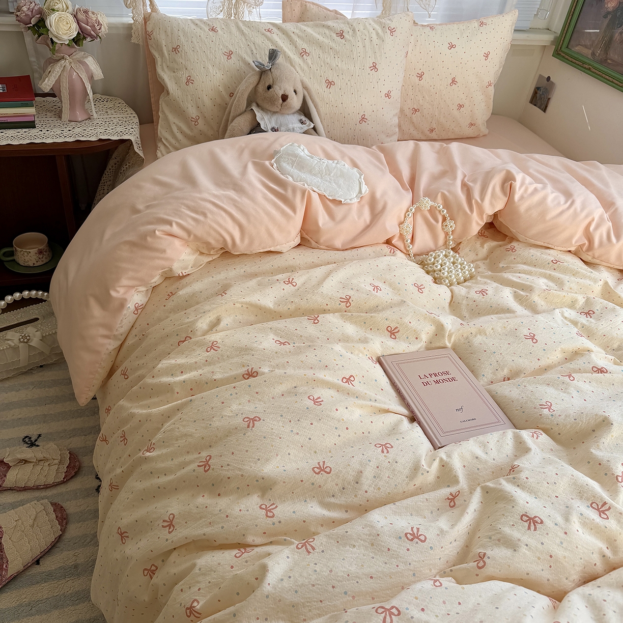 91家纺网 家纺一手货源 找家纺 原素 2026新春ins博主风双拼小碎花花卉水洗棉纱四件套 少女蝴蝶结