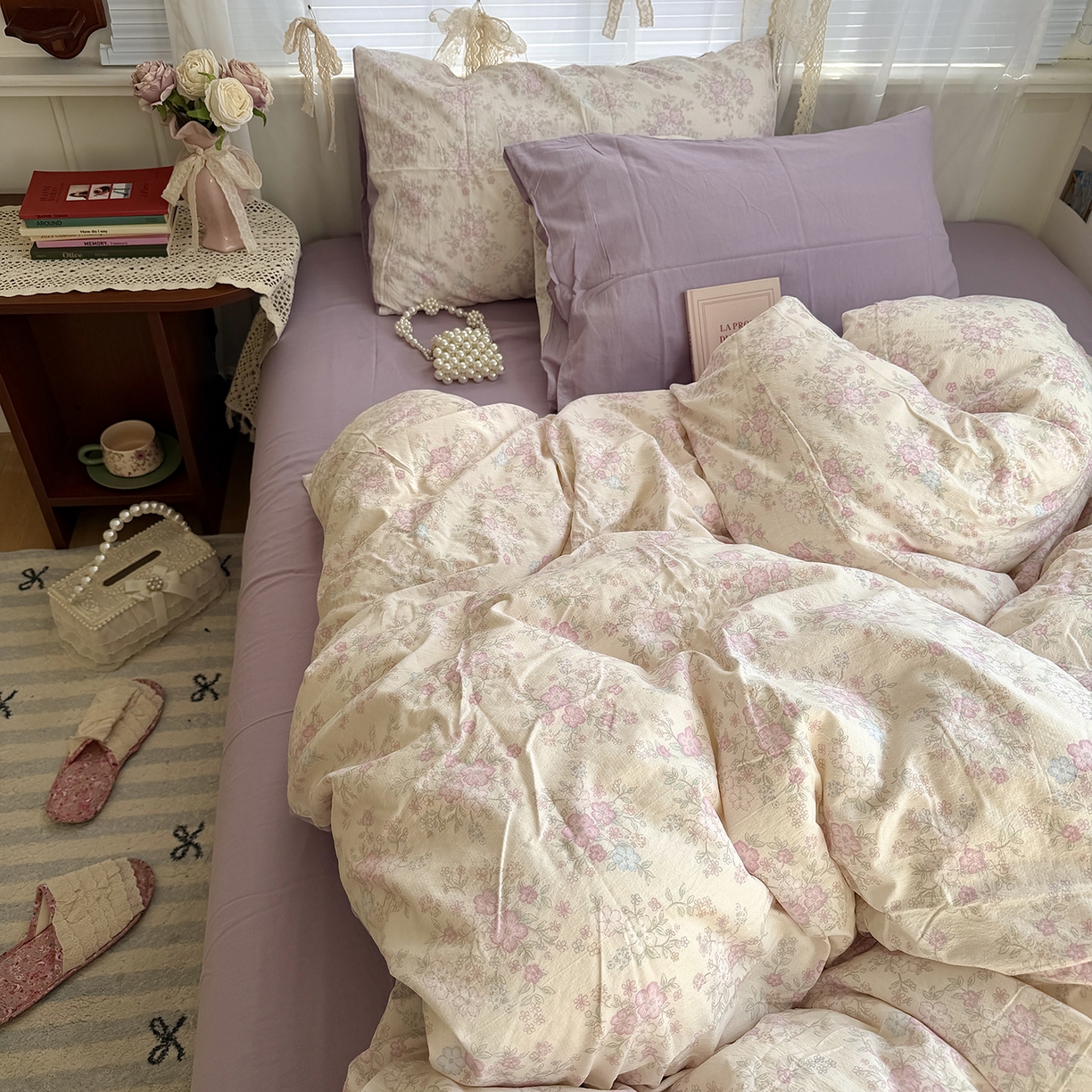 91家纺网 家纺一手货源 找家纺 原素 2026新春ins博主风双拼小碎花花卉水洗棉纱四件套 紫苑