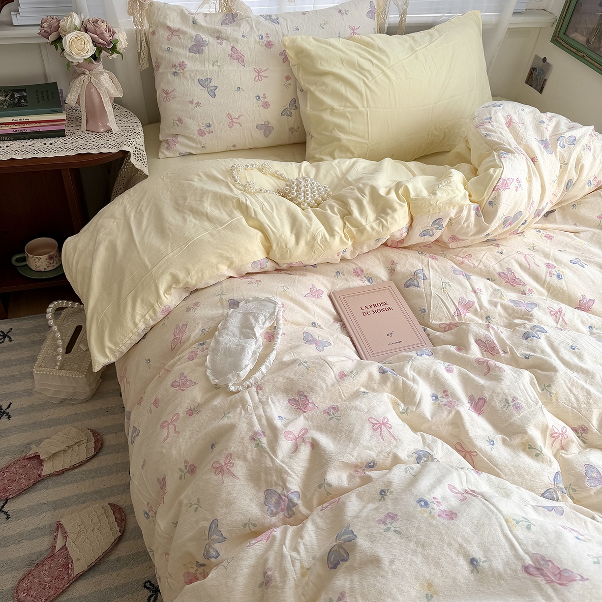 91家纺网 家纺一手货源 找家纺 原素 2026新春ins博主风双拼小碎花花卉水洗棉纱四件套 琉璃蝴蝶