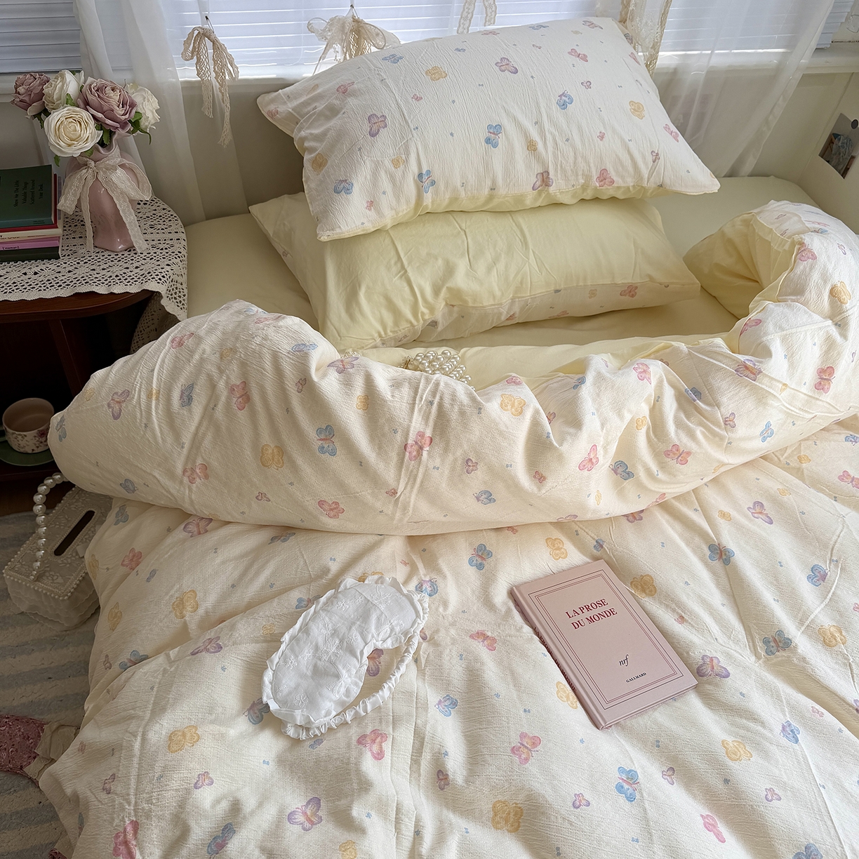 91家纺网 家纺一手货源 找家纺 原素 2026新春ins博主风双拼小碎花花卉水洗棉纱四件套 七彩蝴蝶