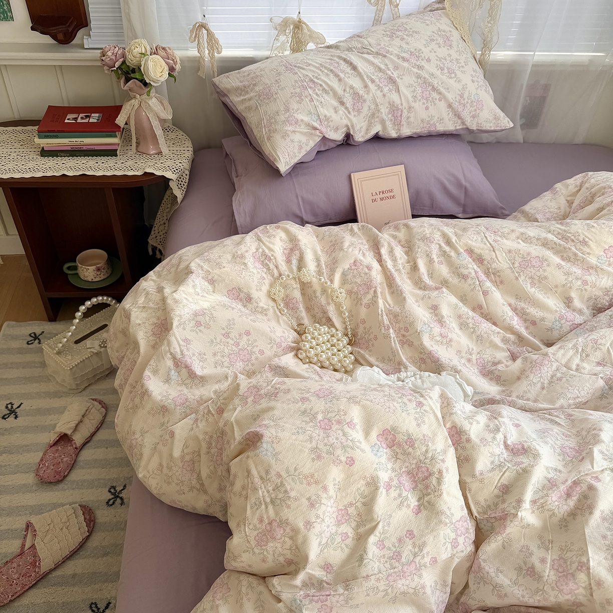 91家纺网 家纺一手货源 找家纺 原素 2026新春ins博主风双拼小碎花花卉水洗棉纱四件套 紫苑