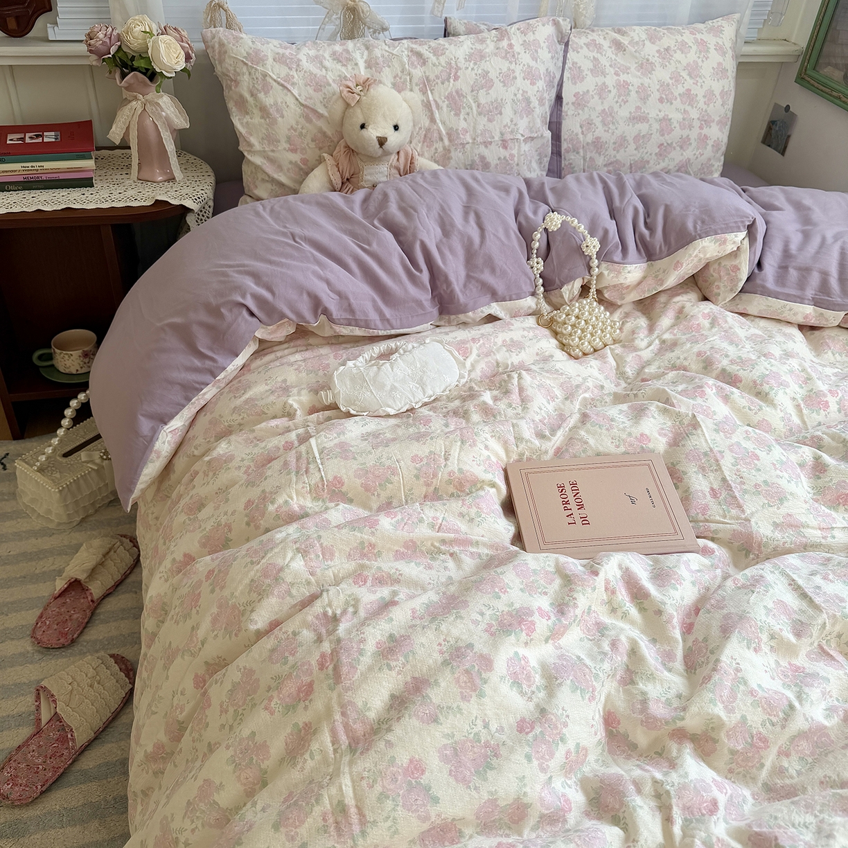 91家纺网 家纺一手货源 找家纺 原素 2026新春ins博主风双拼小碎花花卉水洗棉纱四件套 海芋