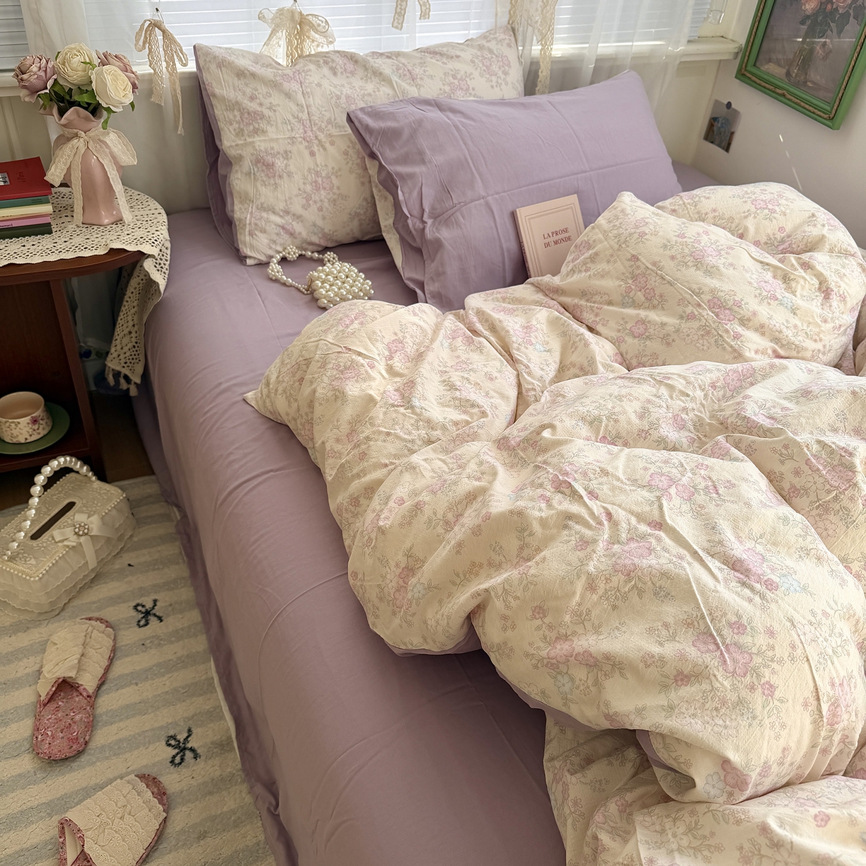 91家纺网 家纺一手货源 找家纺 原素 2026新春ins博主风双拼小碎花花卉水洗棉纱四件套 紫苑