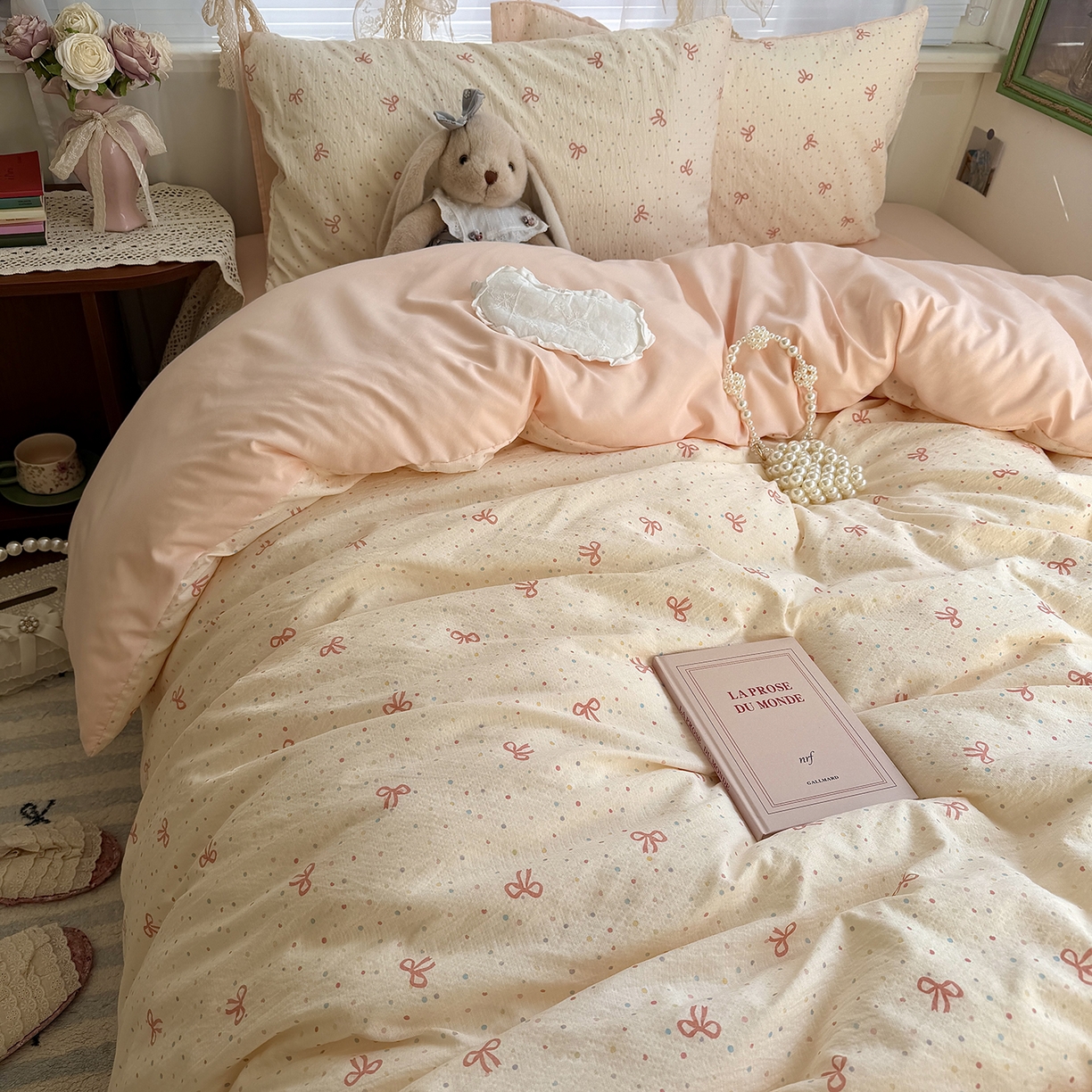 91家纺网 家纺一手货源 找家纺 原素 2026新春ins博主风双拼小碎花花卉水洗棉纱四件套 少女蝴蝶结