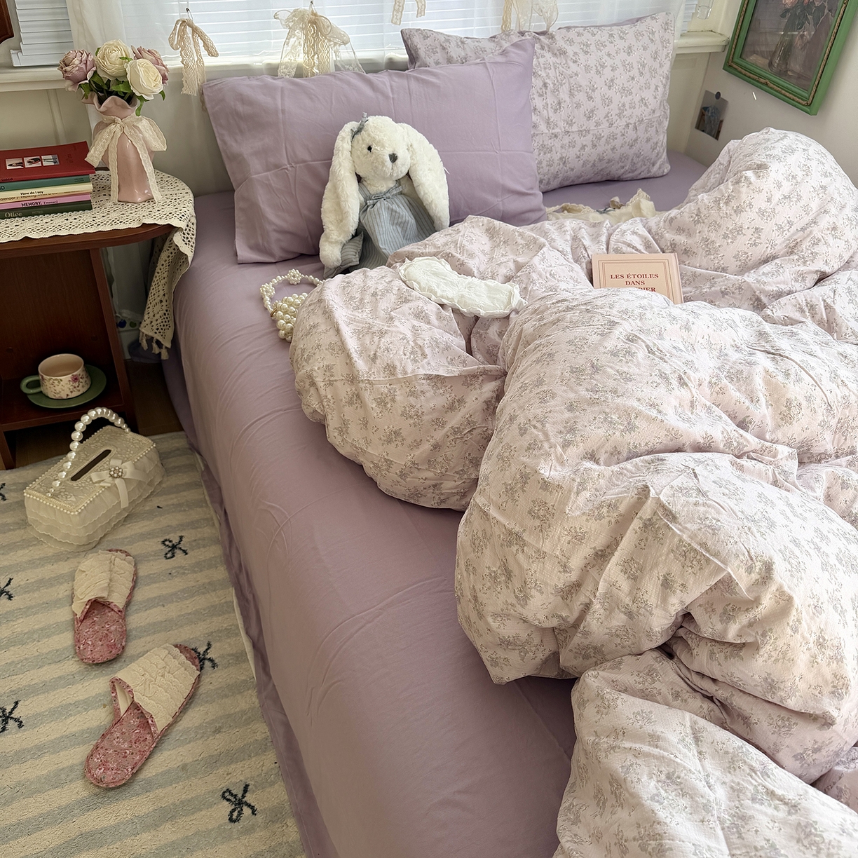 91家纺网 家纺一手货源 找家纺 原素 2026新春ins博主风双拼小碎花花卉水洗棉纱四件套 中古紫花