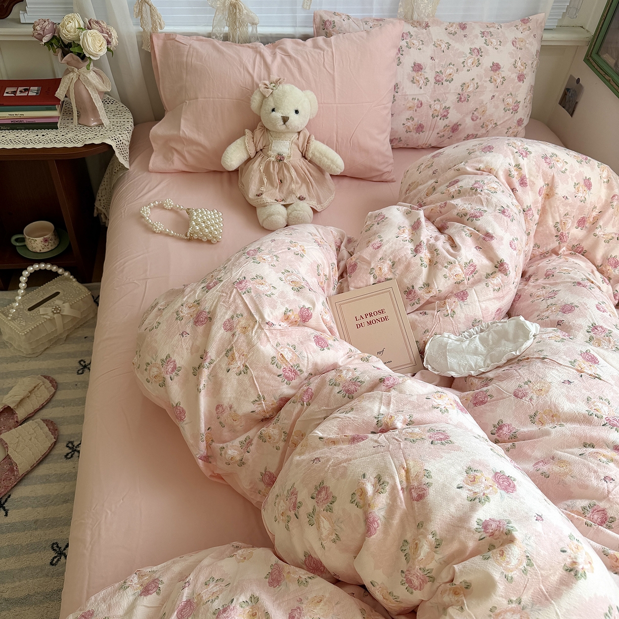 91家纺网 家纺一手货源 找家纺 原素 2026新春ins博主风双拼小碎花花卉水洗棉纱四件套 粉玫瑰