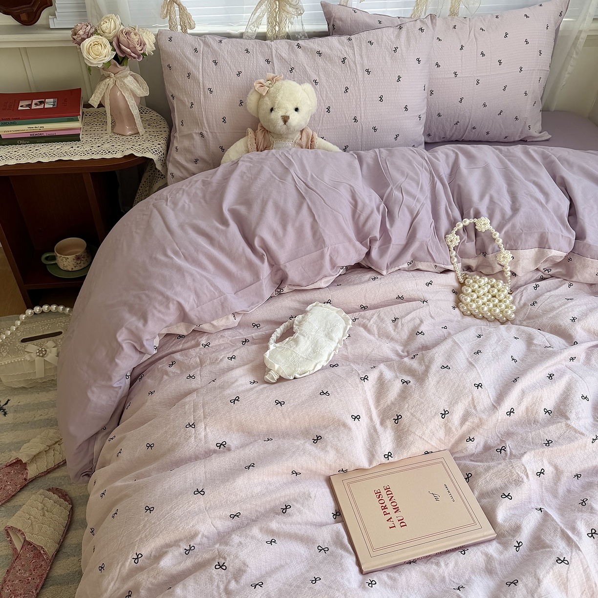 91家纺网 家纺一手货源 找家纺 原素 2026新春ins博主风双拼小碎花花卉水洗棉纱四件套 芋泥蝴蝶结