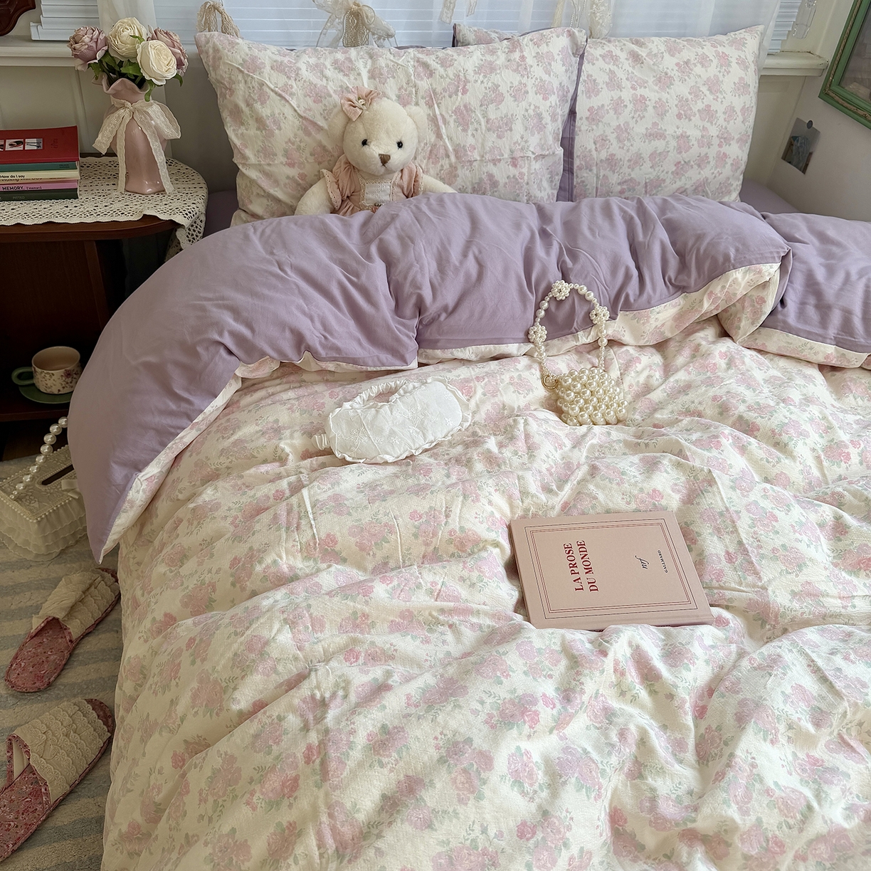 91家纺网 家纺一手货源 找家纺 原素 2026新春ins博主风双拼小碎花花卉水洗棉纱四件套 海芋