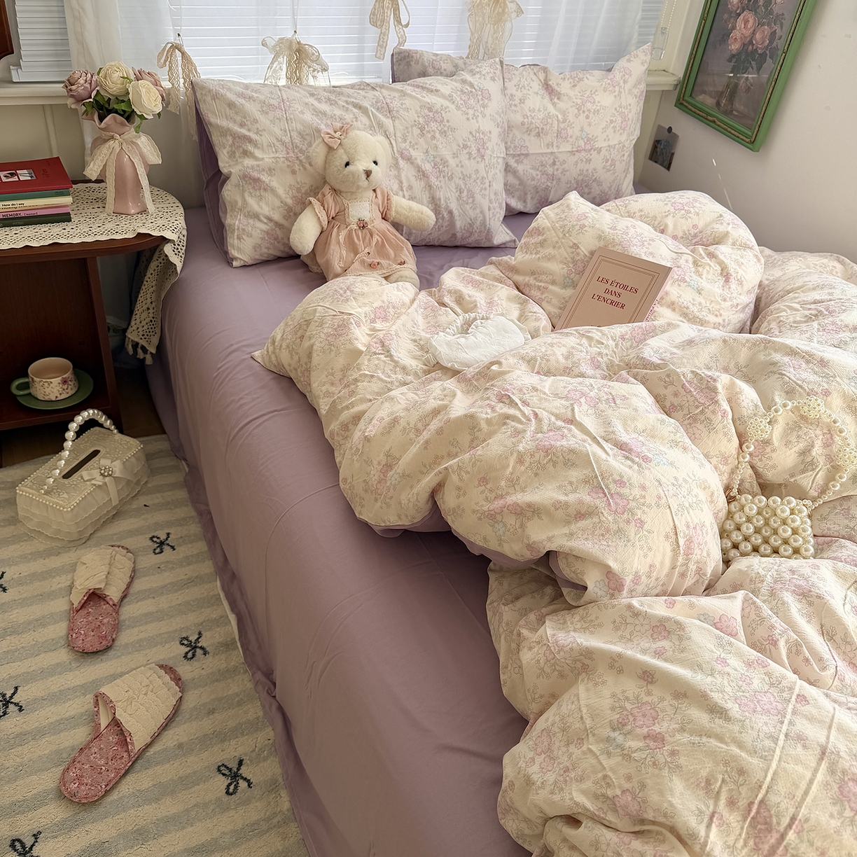 91家纺网 家纺一手货源 找家纺 原素 2026新春ins博主风双拼小碎花花卉水洗棉纱四件套 紫苑