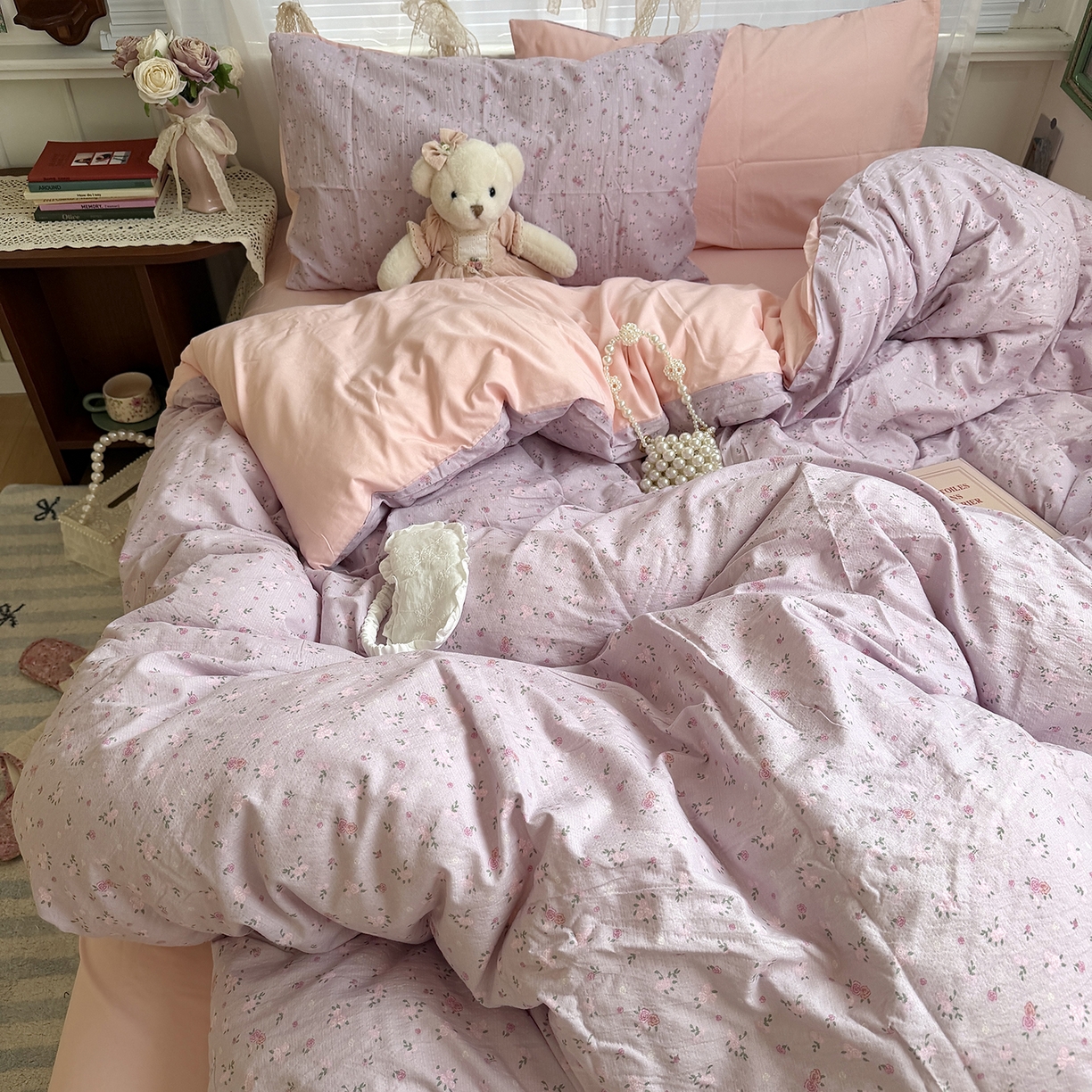 91家纺网 家纺一手货源 找家纺 原素 2026新春ins博主风双拼小碎花花卉水洗棉纱四件套 紫妍