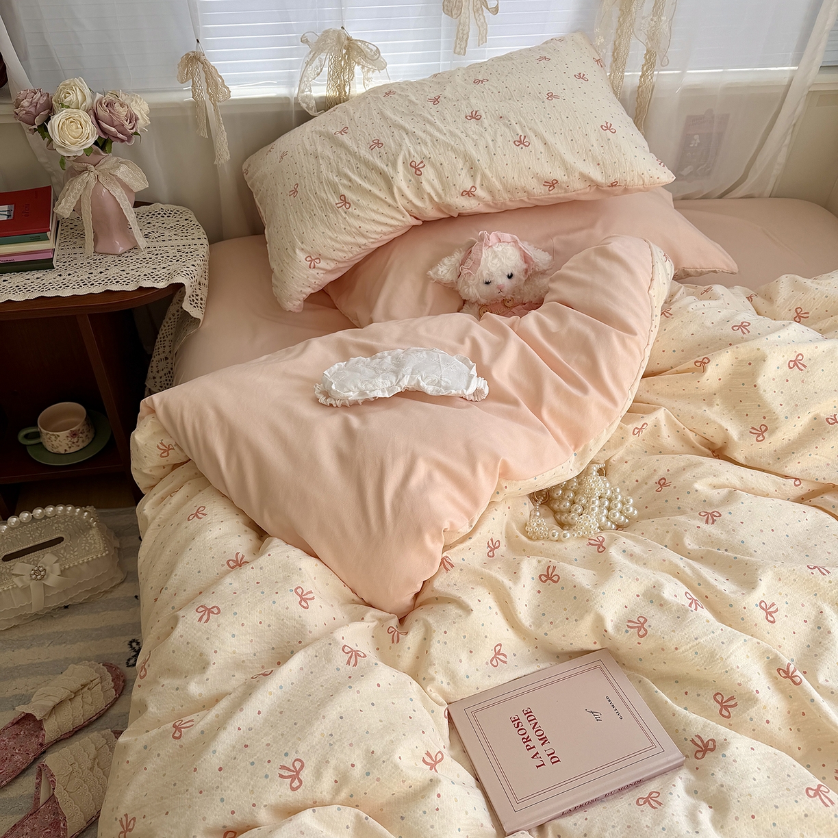 91家纺网 家纺一手货源 找家纺 原素 2026新春ins博主风双拼小碎花花卉水洗棉纱四件套 少女蝴蝶结