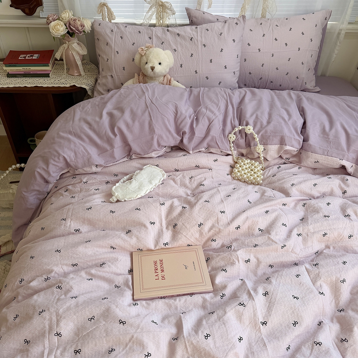 91家纺网 家纺一手货源 找家纺 原素 2026新春ins博主风双拼小碎花花卉水洗棉纱四件套 芋泥蝴蝶结