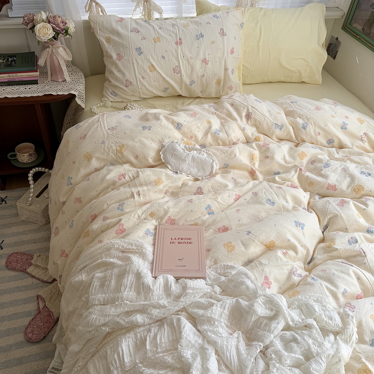 91家纺网 家纺一手货源 找家纺 原素 2026新春ins博主风双拼小碎花花卉水洗棉纱四件套 七彩蝴蝶