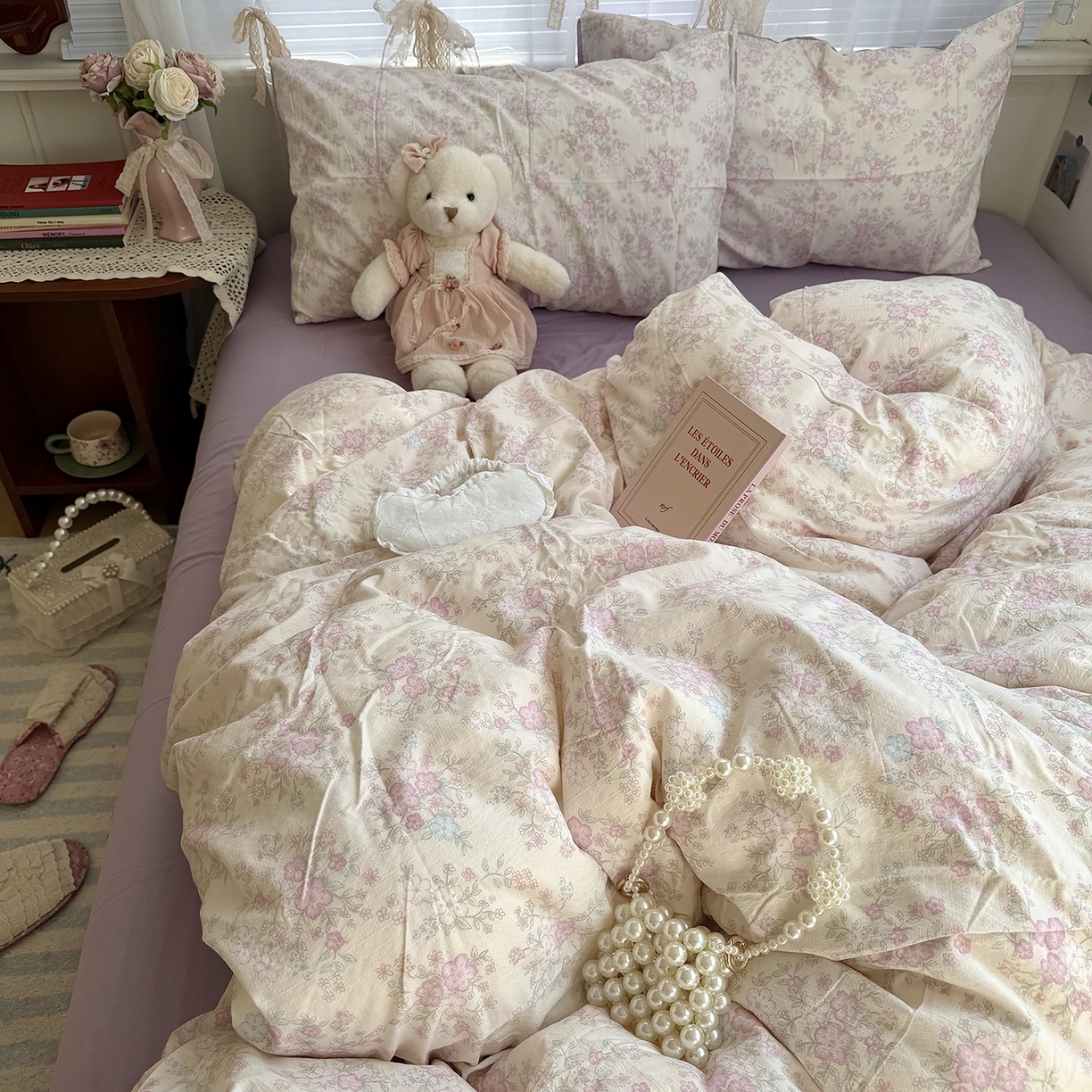 91家纺网 家纺一手货源 找家纺 原素 2026新春ins博主风双拼小碎花花卉水洗棉纱四件套 紫苑