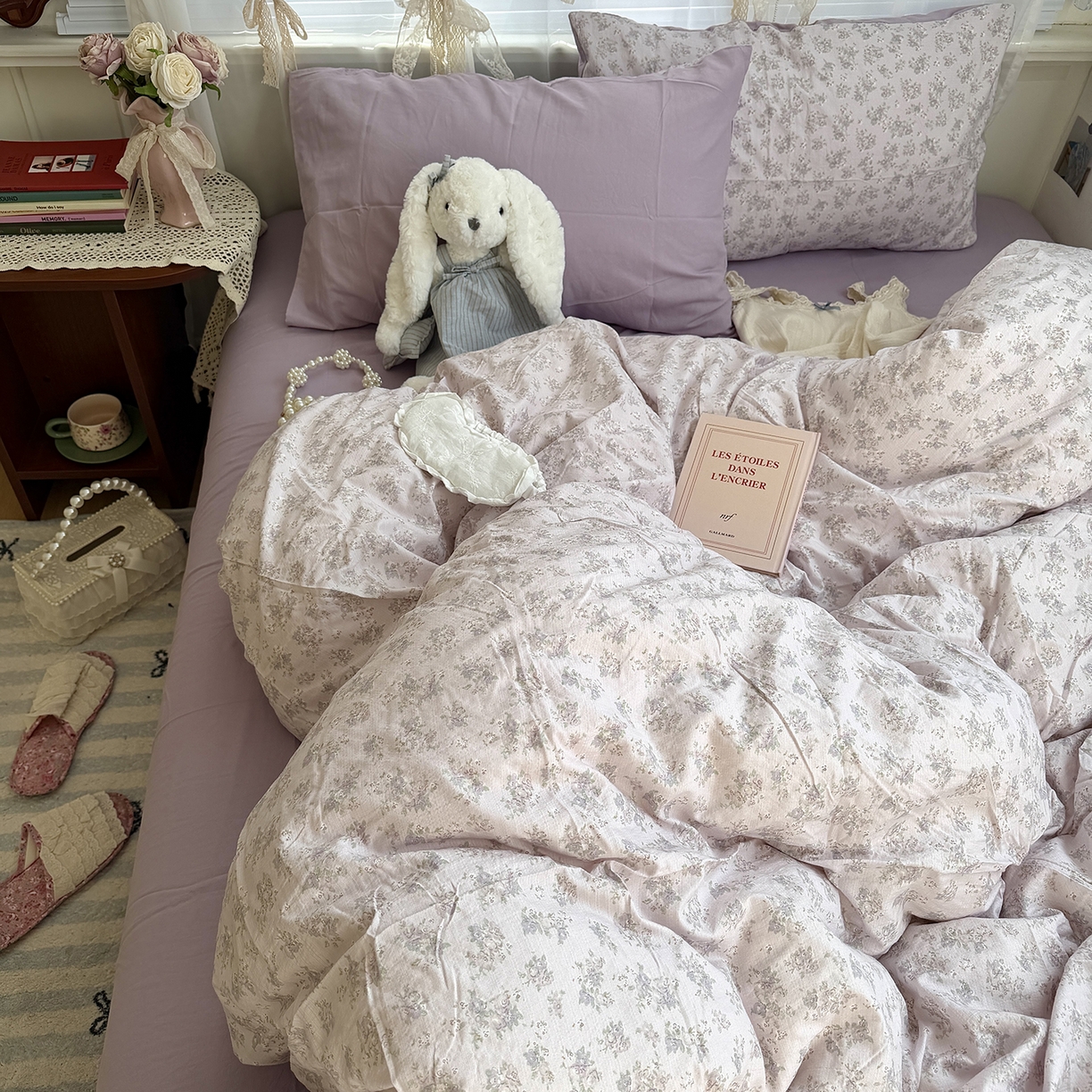 91家纺网 家纺一手货源 找家纺 原素 2026新春ins博主风双拼小碎花花卉水洗棉纱四件套 中古紫花