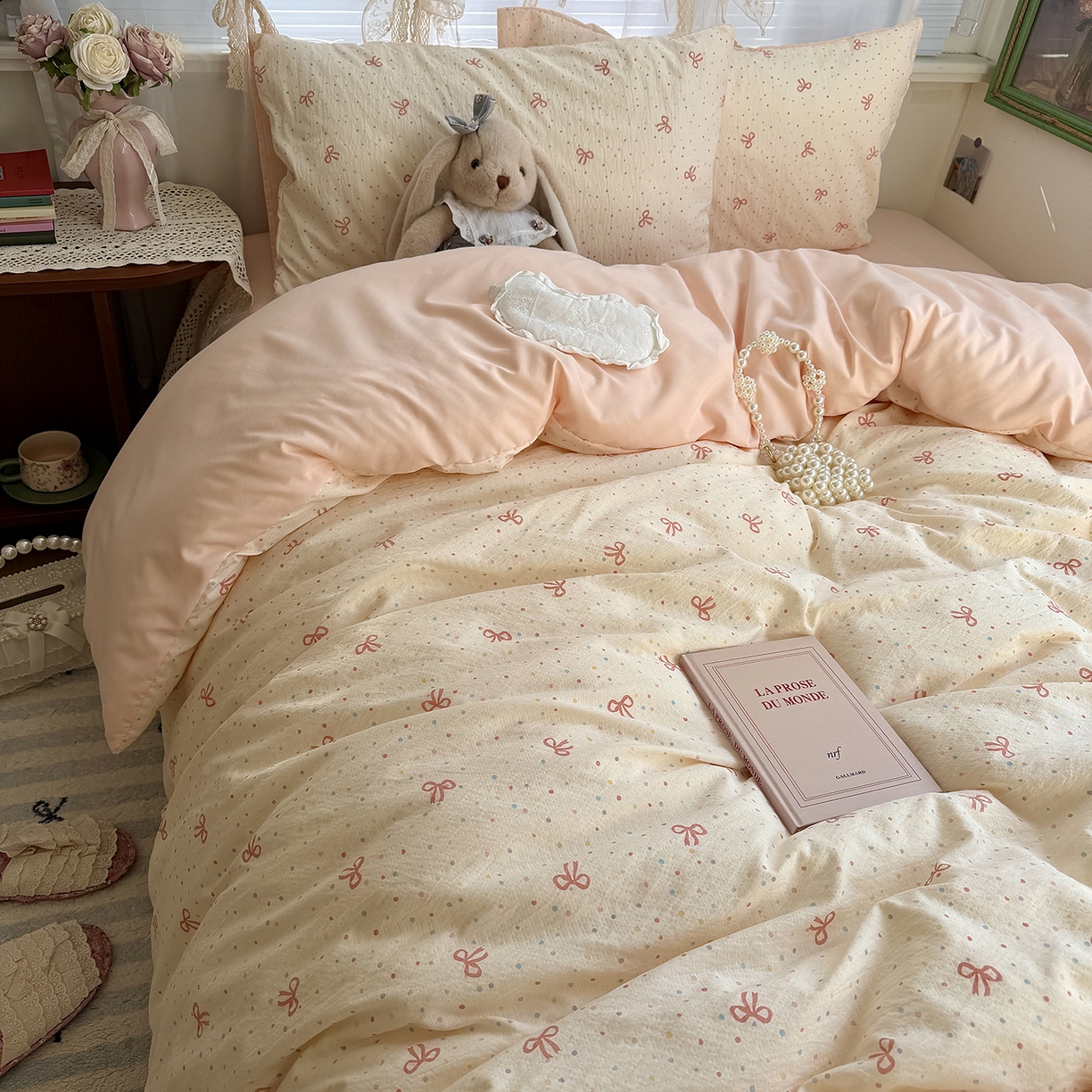 91家纺网 家纺一手货源 找家纺 原素 2026新春ins博主风双拼小碎花花卉水洗棉纱四件套 少女蝴蝶结