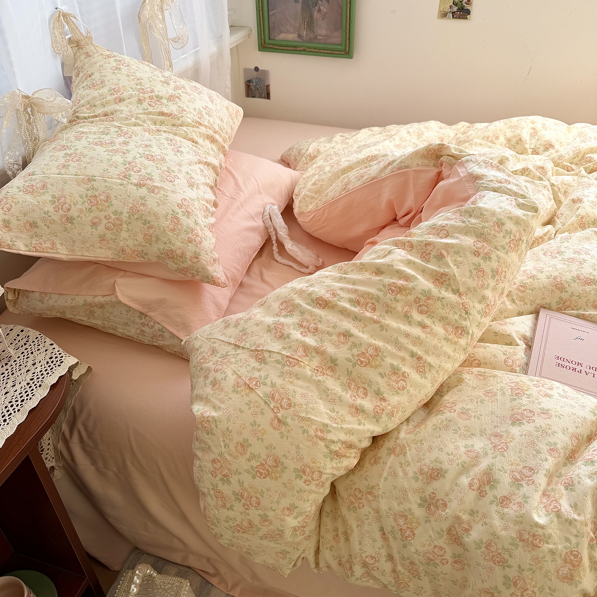 91家纺网 家纺一手货源 找家纺 原素 2026新春ins博主风双拼小碎花花卉水洗棉纱四件套 依恋