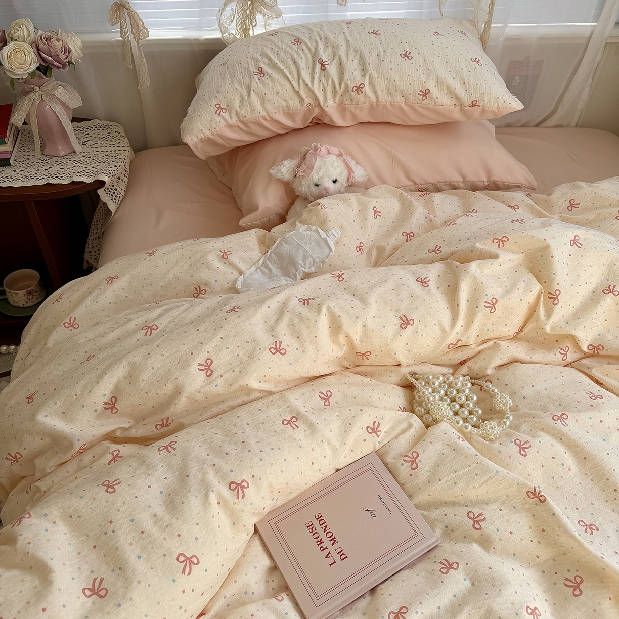 91家纺网 家纺一手货源 找家纺 原素 2026新春ins博主风双拼小碎花花卉水洗棉纱四件套 少女蝴蝶结