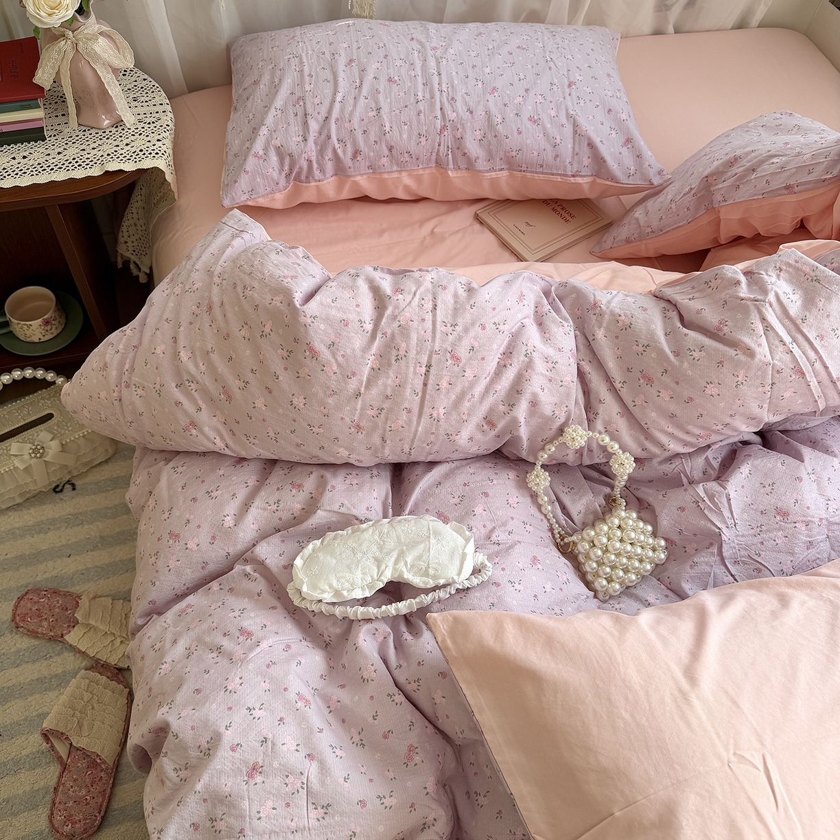 91家纺网 家纺一手货源 找家纺 原素 2026新春ins博主风双拼小碎花花卉水洗棉纱四件套 紫妍