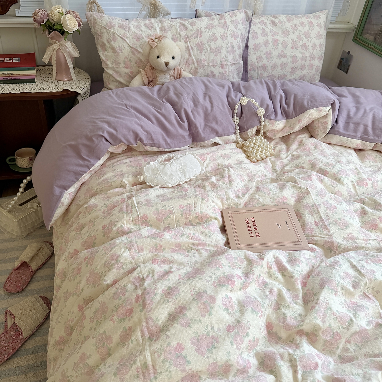 91家纺网 家纺一手货源 找家纺 原素 2026新春ins博主风双拼小碎花花卉水洗棉纱四件套 海芋