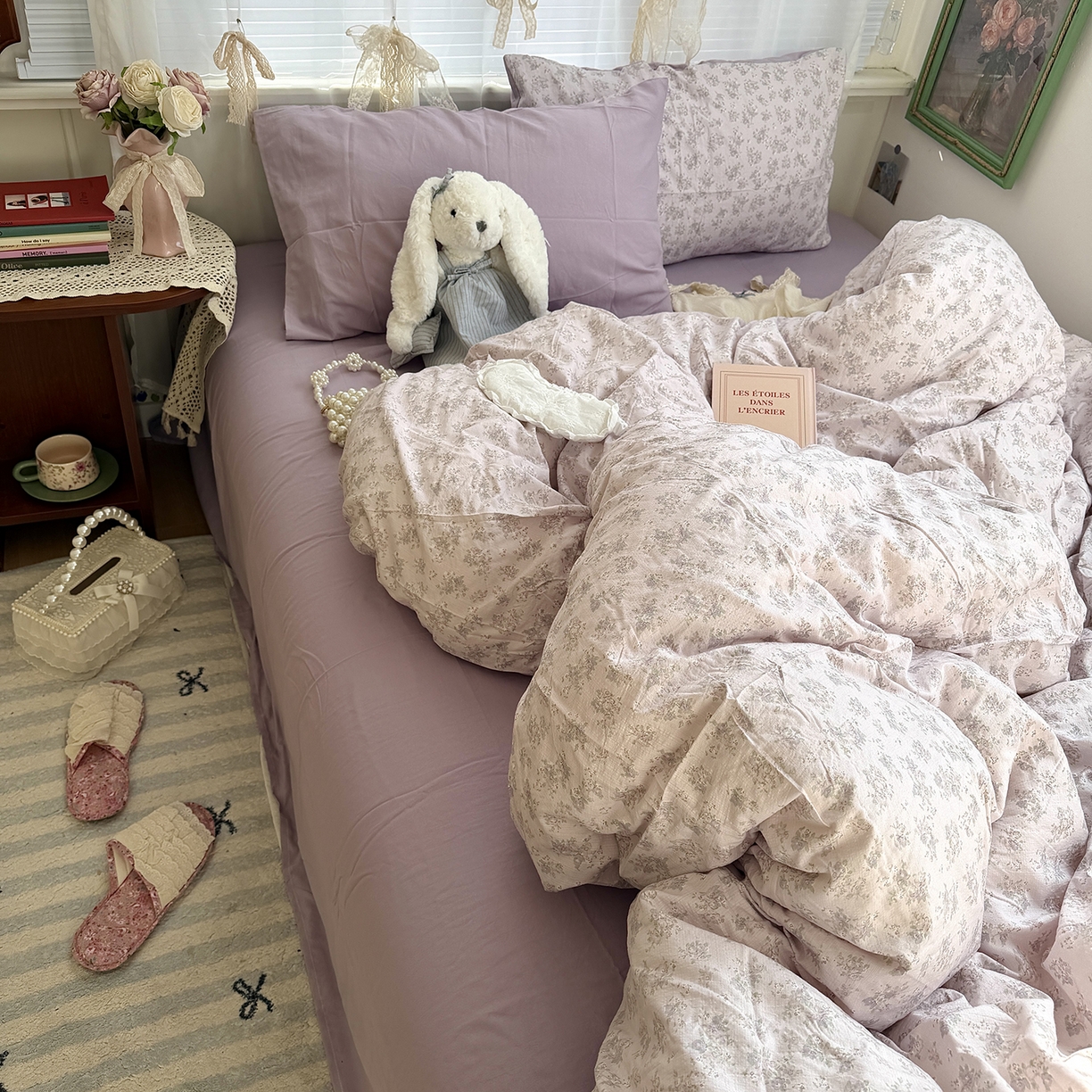 91家纺网 家纺一手货源 找家纺 原素 2026新春ins博主风双拼小碎花花卉水洗棉纱四件套 中古紫花