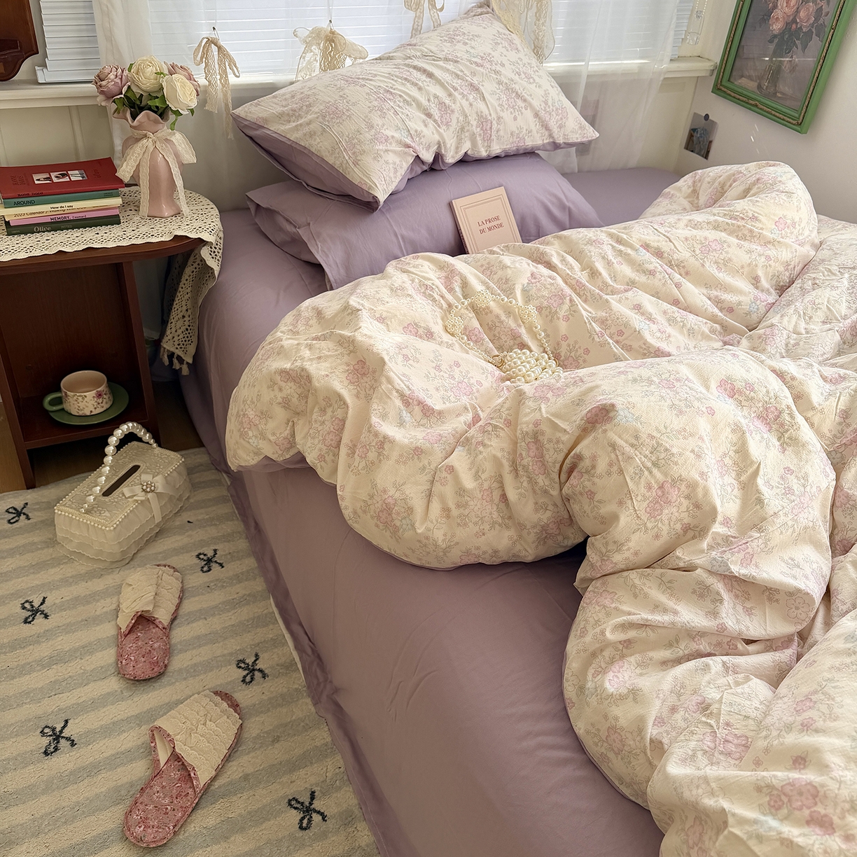 91家纺网 家纺一手货源 找家纺 原素 2026新春ins博主风双拼小碎花花卉水洗棉纱四件套 紫苑