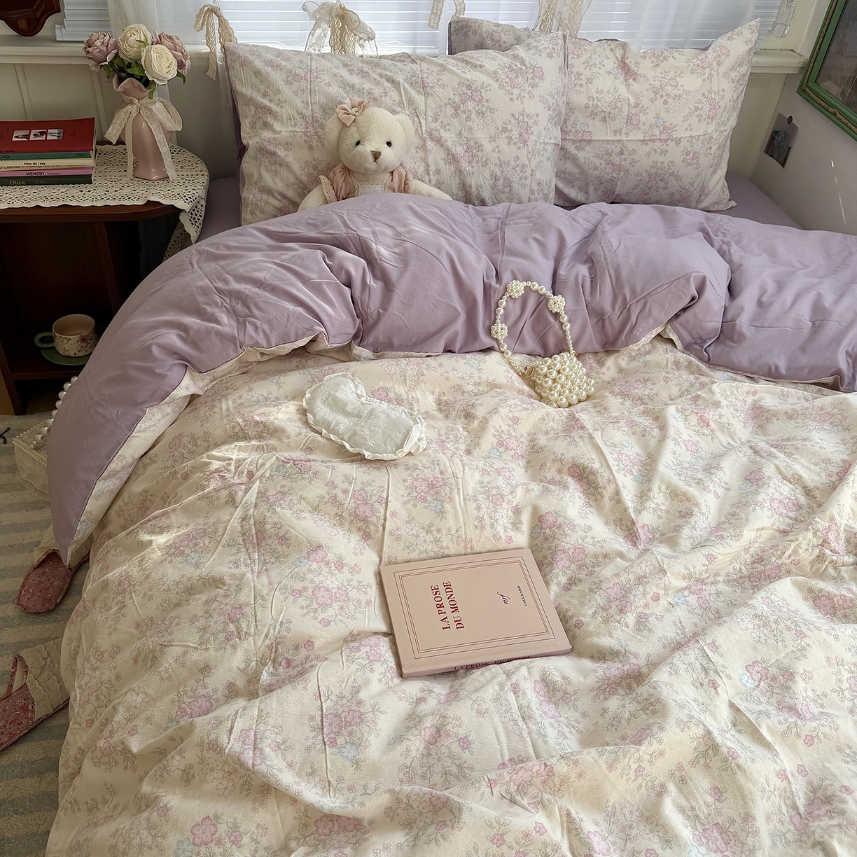 91家纺网 家纺一手货源 找家纺 原素 2026新春ins博主风双拼小碎花花卉水洗棉纱四件套 紫苑