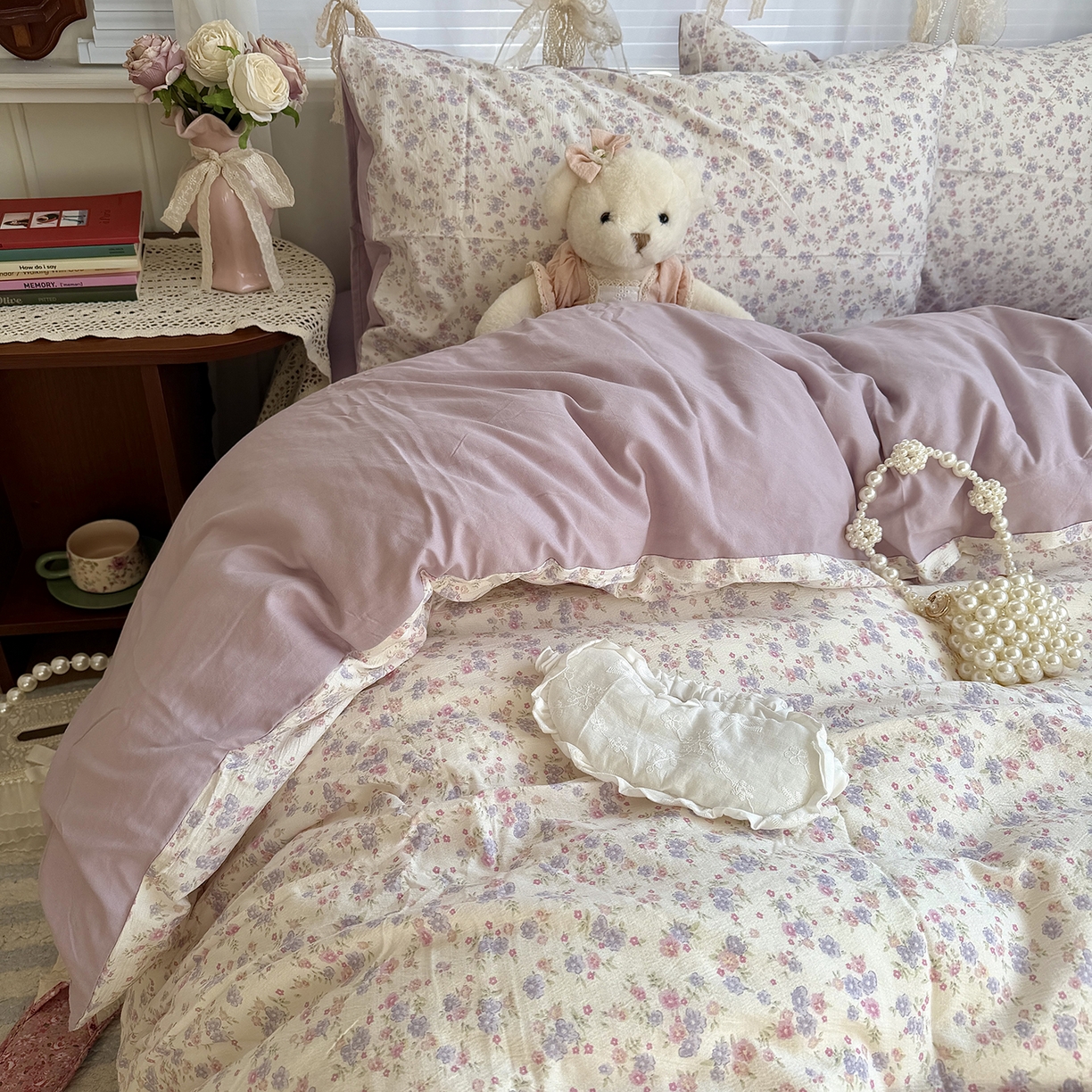 91家纺网 家纺一手货源 找家纺 原素 2026新春ins博主风双拼小碎花花卉水洗棉纱四件套 花团紫