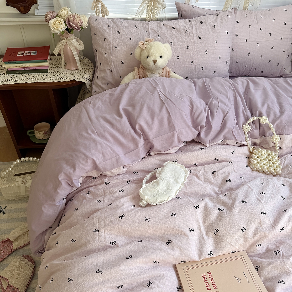 91家纺网 家纺一手货源 找家纺 原素 2026新春ins博主风双拼小碎花花卉水洗棉纱四件套 芋泥蝴蝶结