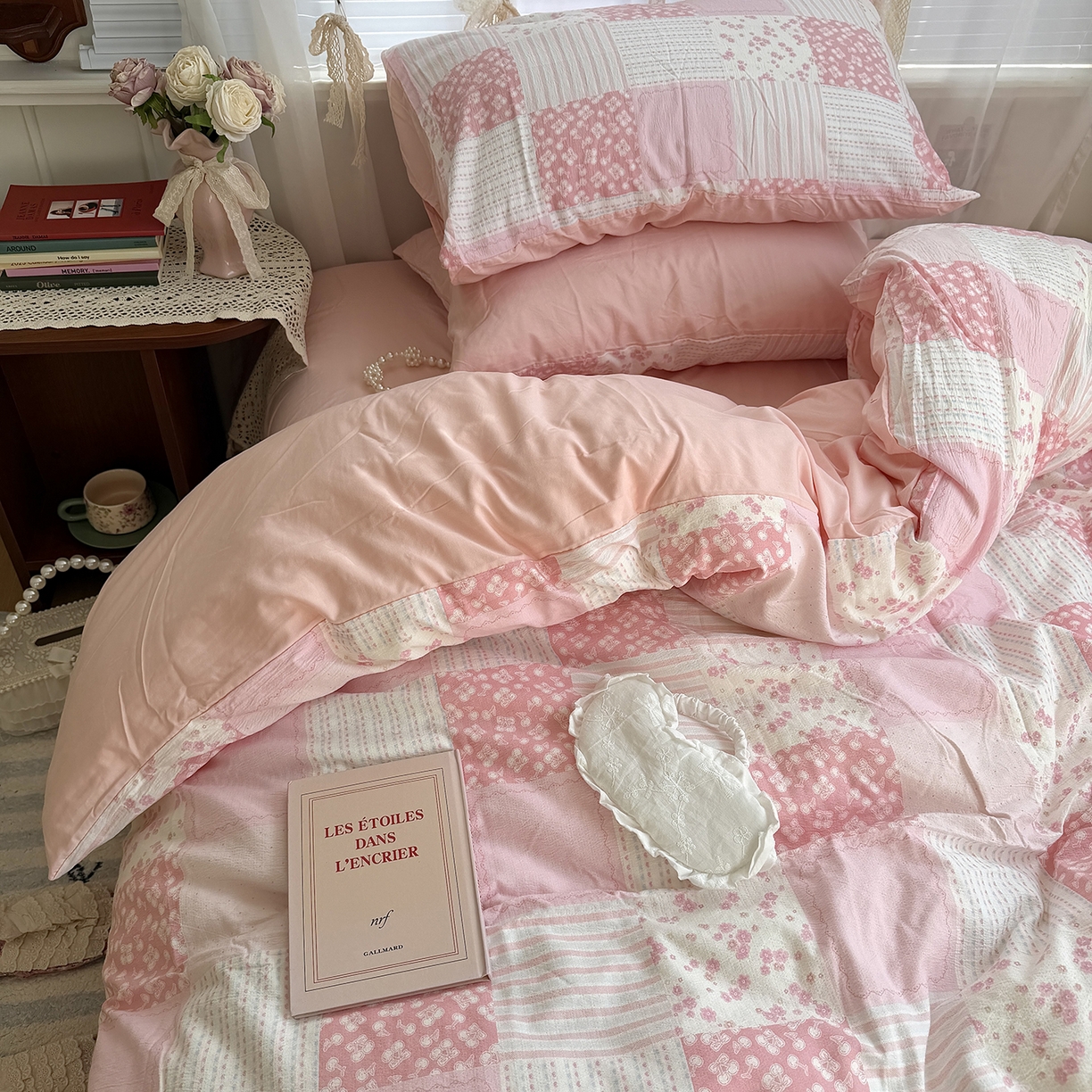 91家纺网 家纺一手货源 找家纺 原素 2026新春ins博主风双拼小碎花花卉水洗棉纱四件套 碎花粉格