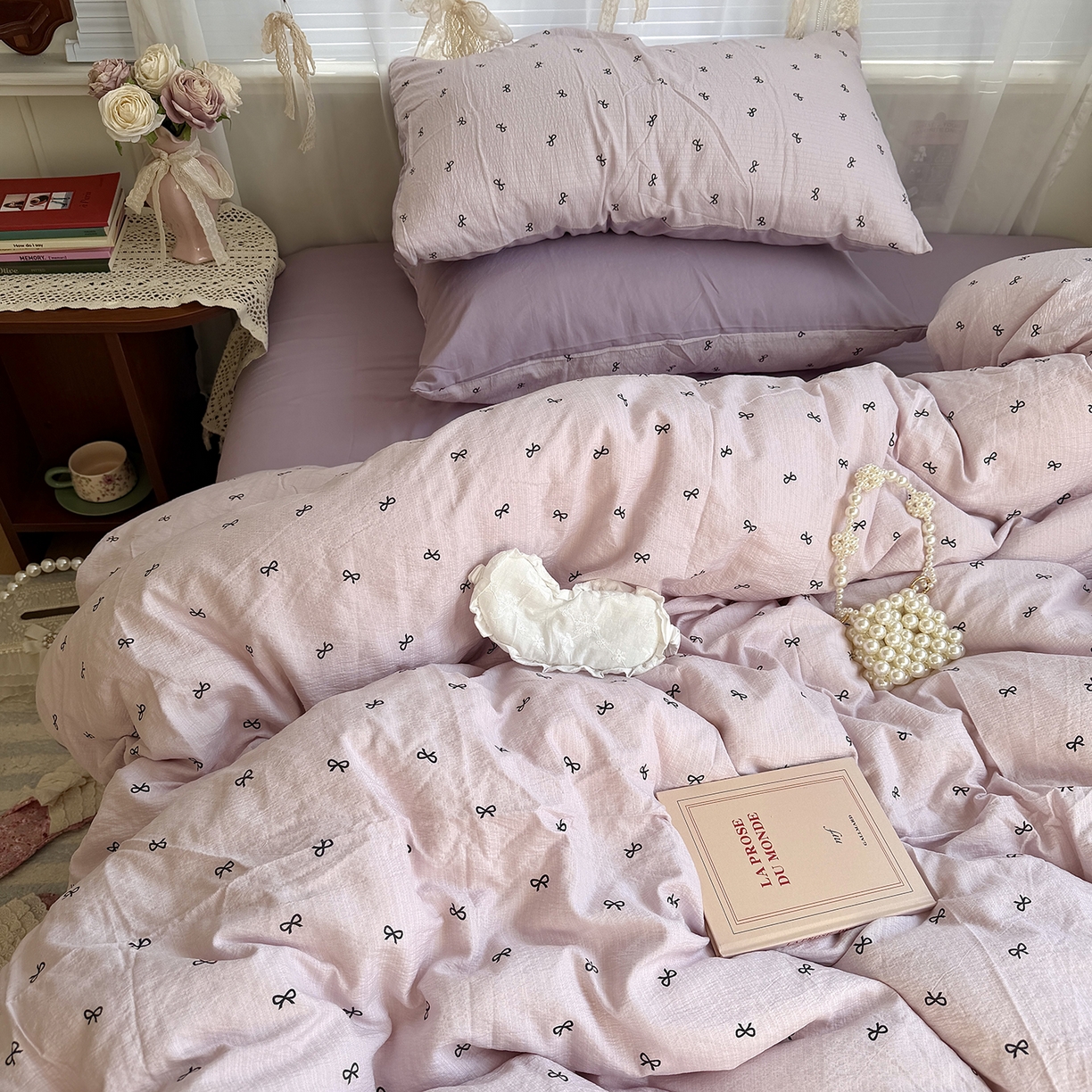 91家纺网 家纺一手货源 找家纺 原素 2026新春ins博主风双拼小碎花花卉水洗棉纱四件套 芋泥蝴蝶结