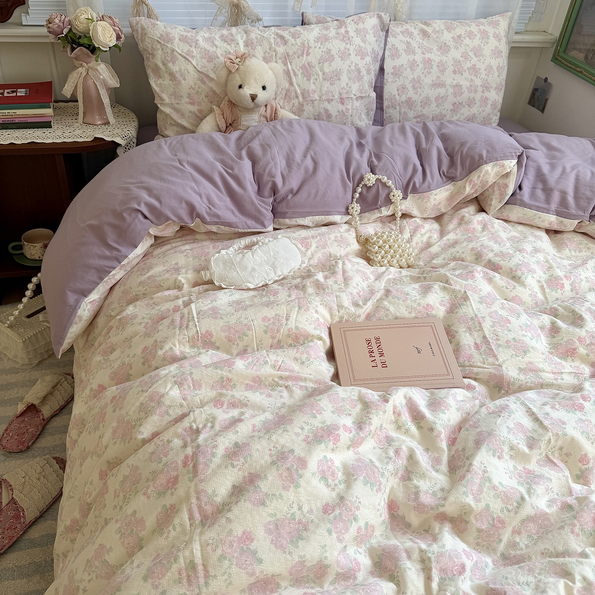 91家纺网 家纺一手货源 找家纺 原素 2026新春ins博主风双拼小碎花花卉水洗棉纱四件套 海芋