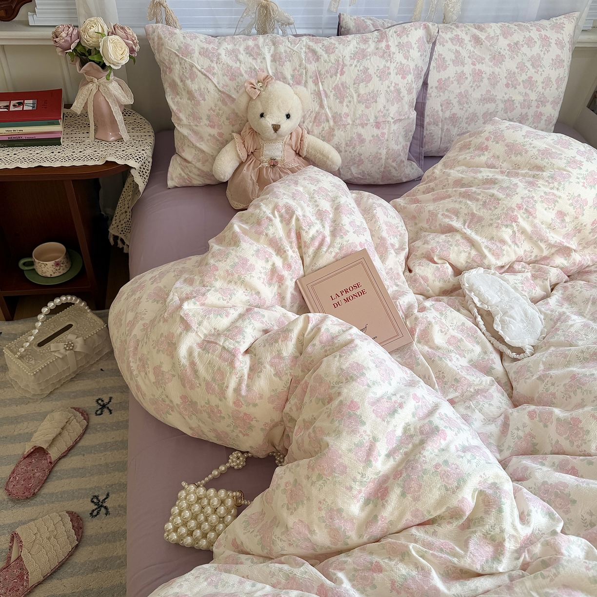 91家纺网 家纺一手货源 找家纺 原素 2026新春ins博主风双拼小碎花花卉水洗棉纱四件套 海芋