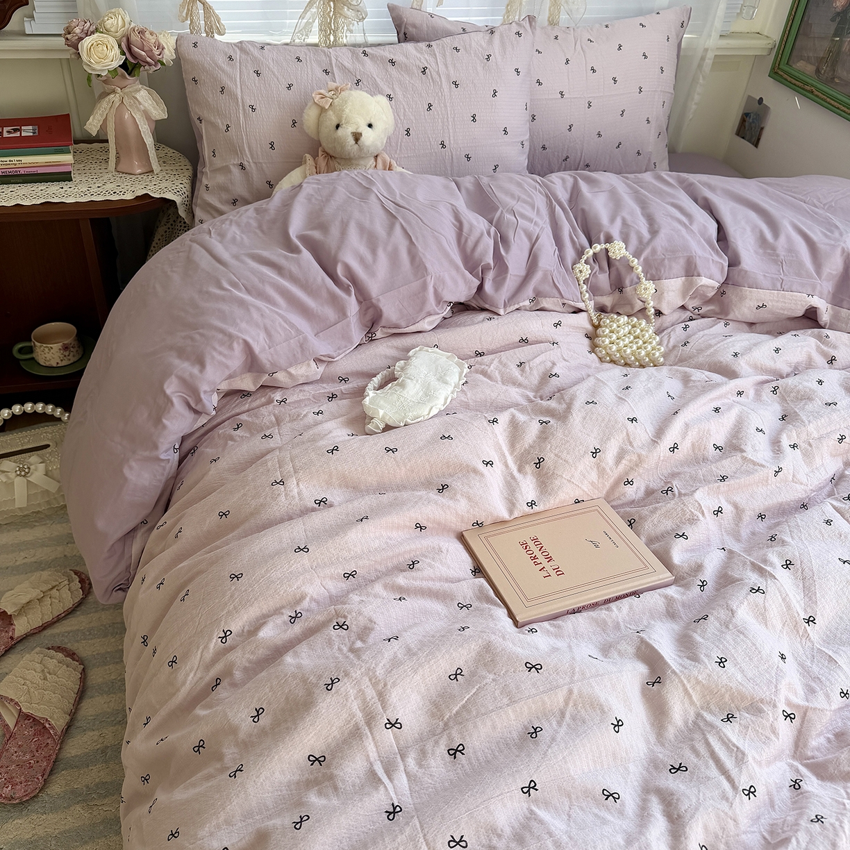 91家纺网 家纺一手货源 找家纺 原素 2026新春ins博主风双拼小碎花花卉水洗棉纱四件套 芋泥蝴蝶结