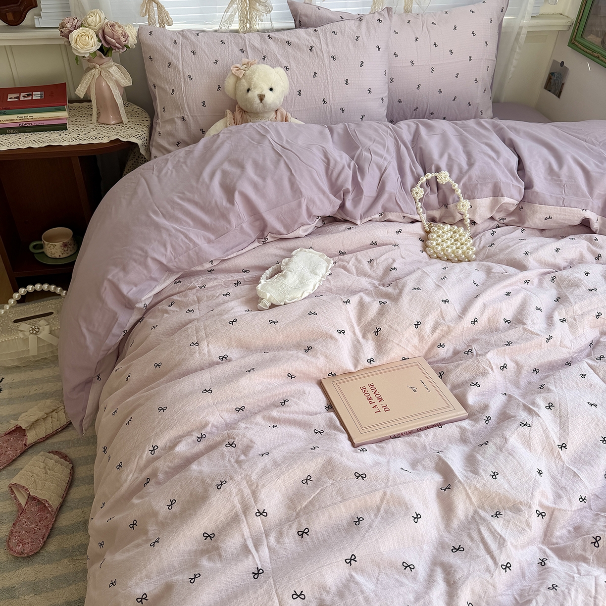 91家纺网 家纺一手货源 找家纺 原素 2026新春ins博主风双拼小碎花花卉水洗棉纱四件套 芋泥蝴蝶结