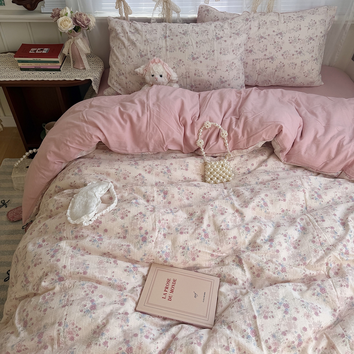 91家纺网 家纺一手货源 找家纺 原素 2026新春ins博主风双拼小碎花花卉水洗棉纱四件套 胭脂粉