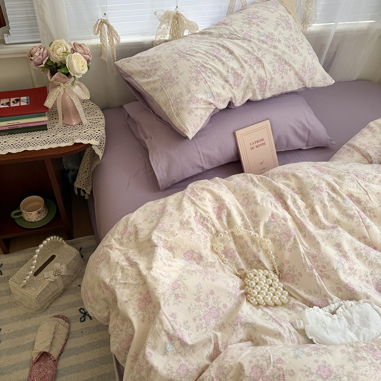 91家纺网 家纺一手货源 找家纺 原素 2026新春ins博主风双拼小碎花花卉水洗棉纱四件套 紫苑