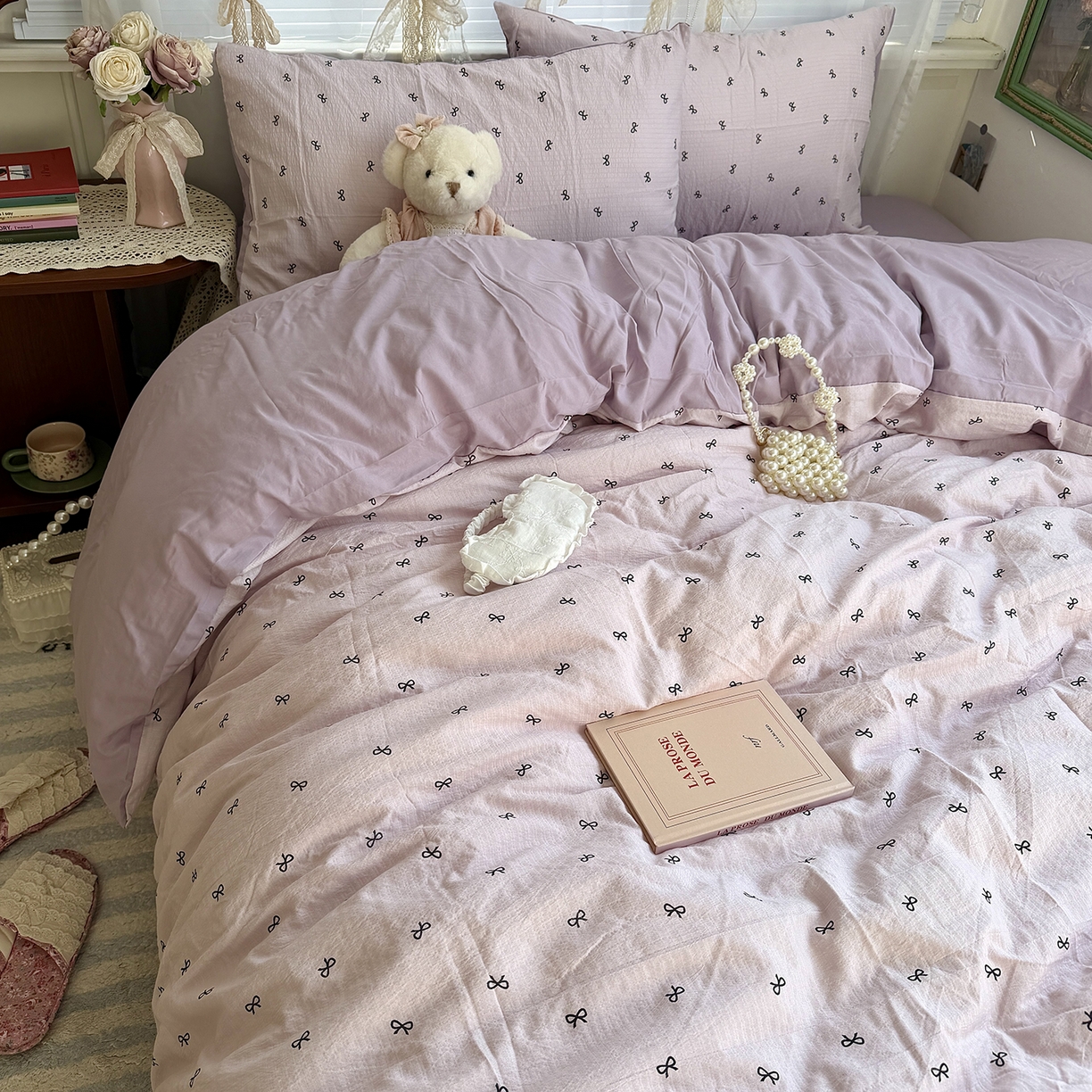 原素 2026新春ins博主风双拼小碎花花卉水洗棉纱四件套 芋泥蝴蝶结