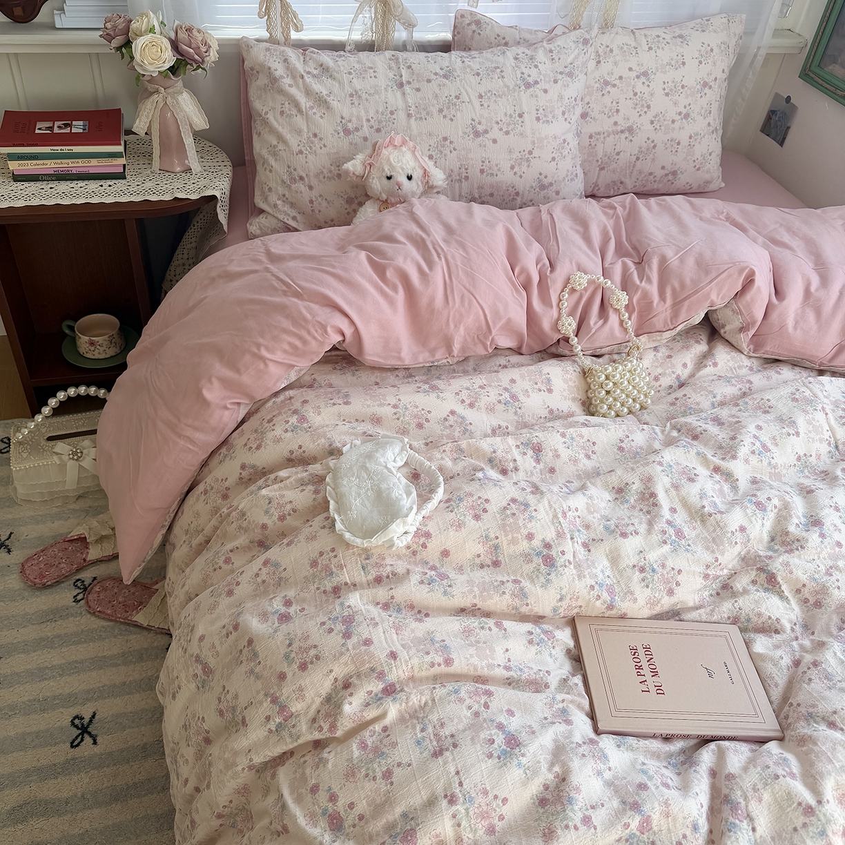 91家纺网 家纺一手货源 找家纺 原素 2026新春ins博主风双拼小碎花花卉水洗棉纱四件套 胭脂粉