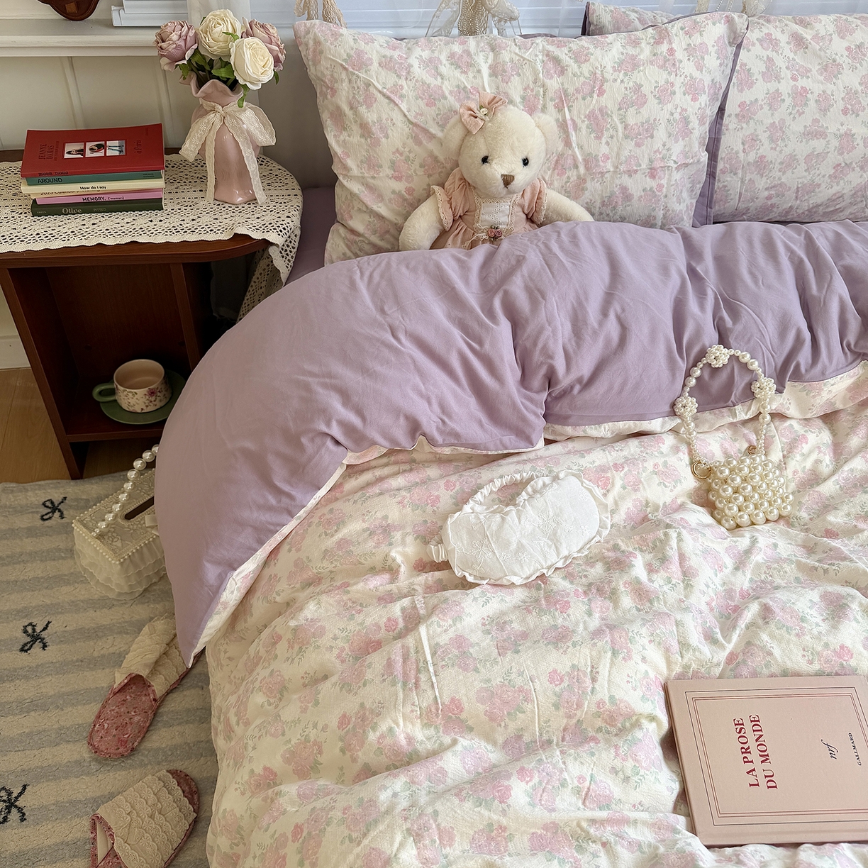 91家纺网 家纺一手货源 找家纺 原素 2026新春ins博主风双拼小碎花花卉水洗棉纱四件套 海芋