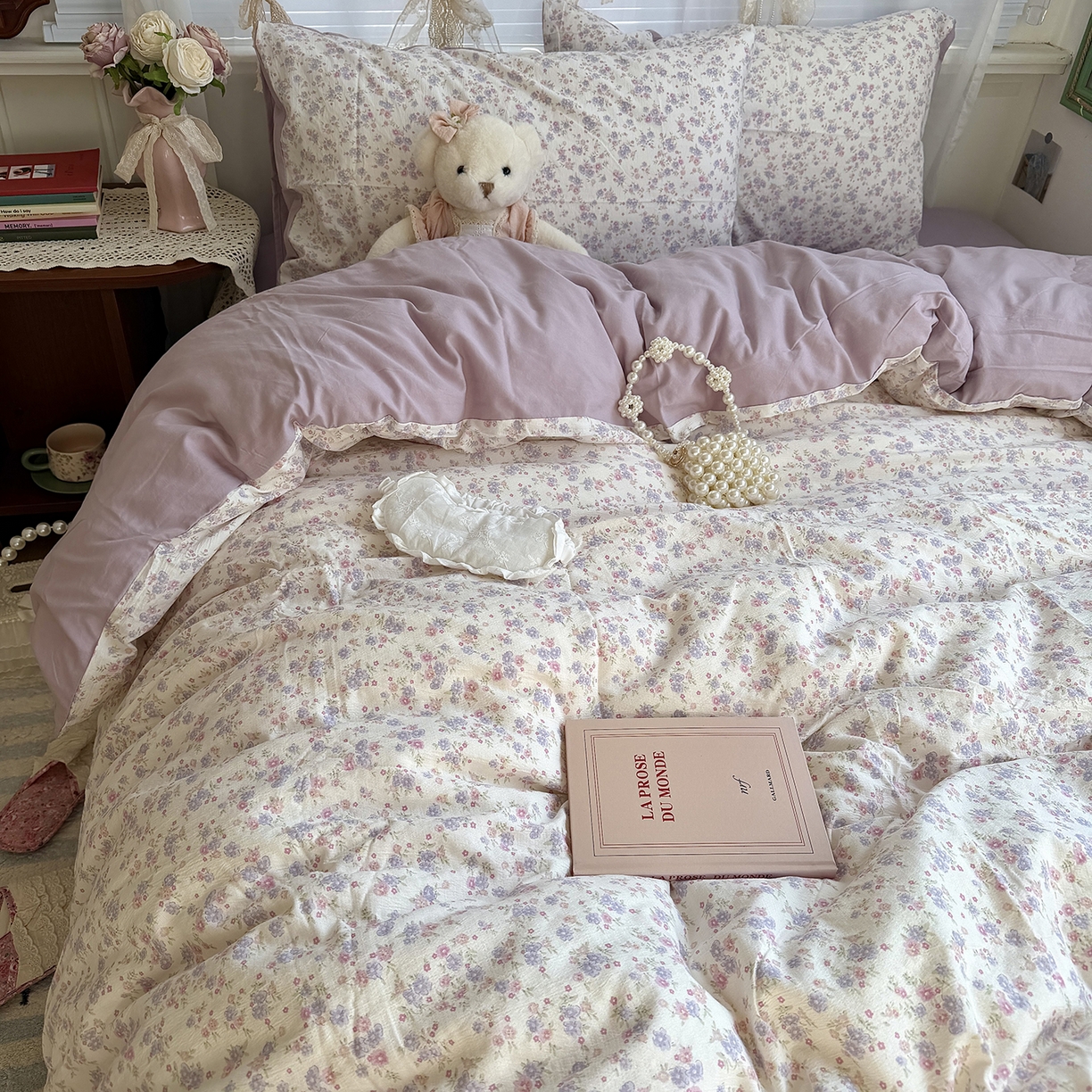 原素 2026新春ins博主风双拼小碎花花卉水洗棉纱四件套 花团紫